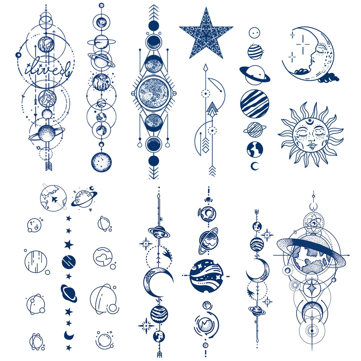 Semi Permanent Planet Temporary Tattoos, 6-Sheet 2 Weeks Long Last Waterproof Moon Star Sun Tattoos, 100% Plant-Based Ink Infinity Realistic Tattoos Sticker