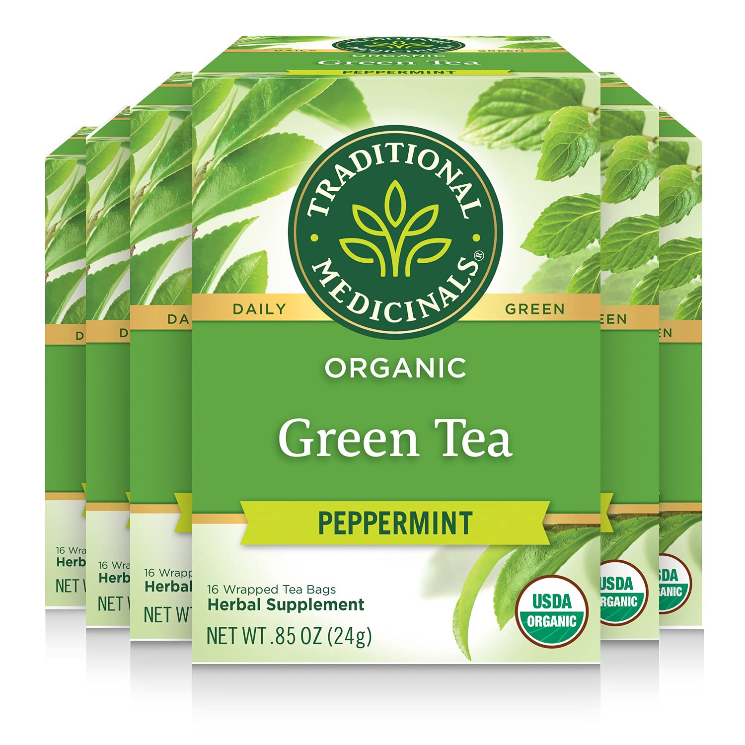 Traditional Medicinals Organic Green Tea, Peppermint, 16 Teabags (Pack of 6)