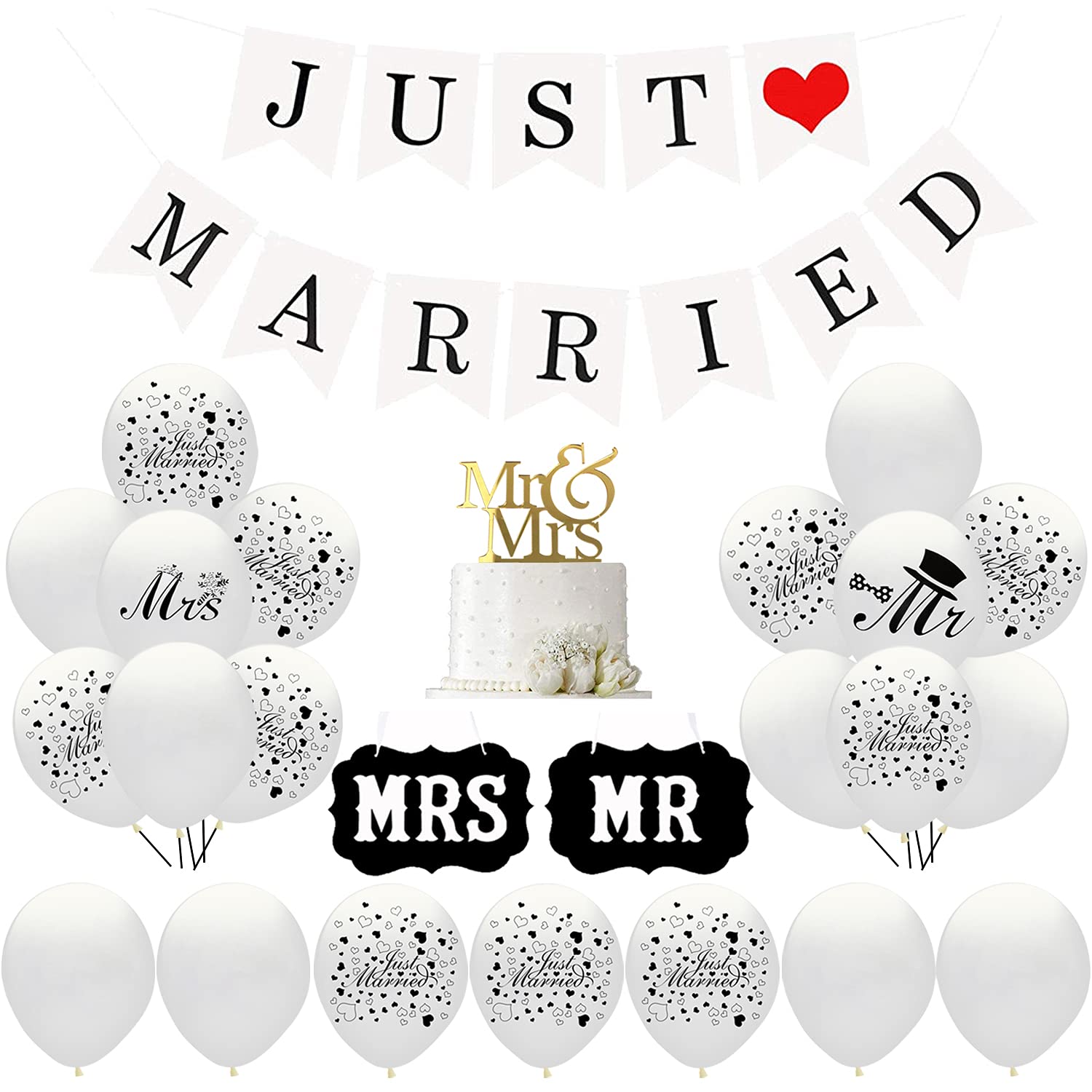 Just Married Wedding Decoration Set,30 White Balloons,10 Just Married Balloons,2 Signs Mr and Mrs, 1 Just Married Garland Banner for Marriage Proposal, Wedding, Party, Decoration