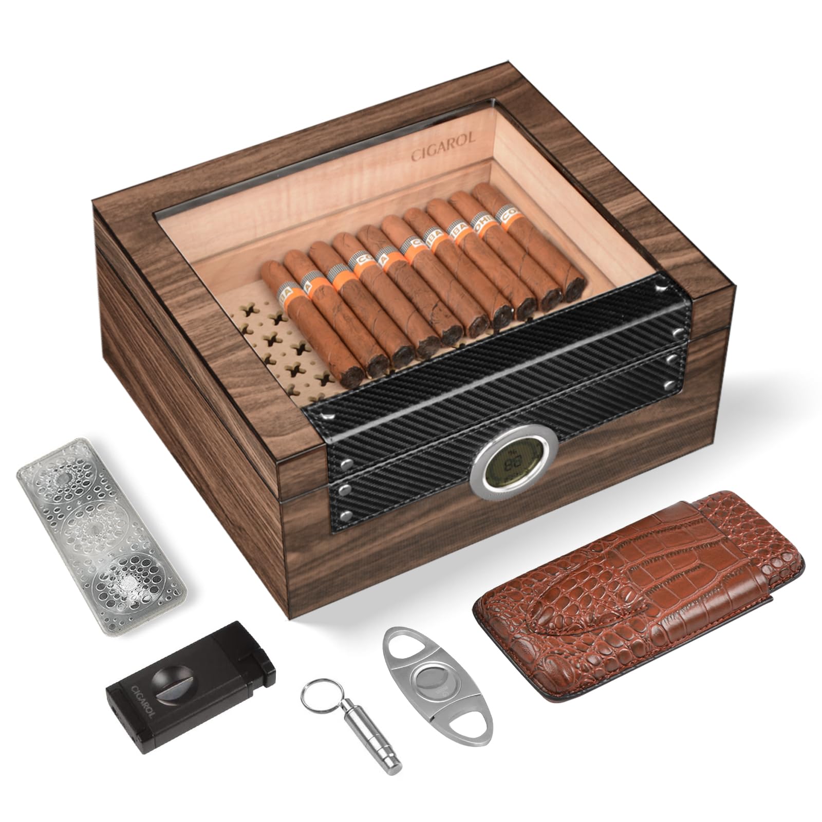 Volenx Cigar Humidor, Handcrafted Humidor with lighter and cigar cutter, Cigar Humidifier for about 70 cigars, Men's Gift Cigar Accessories