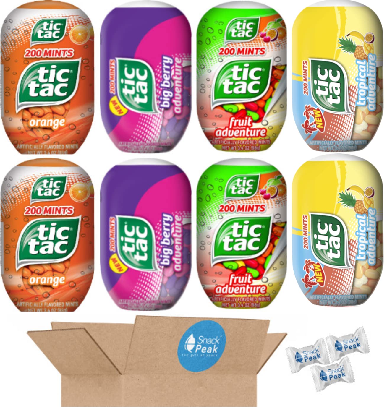 Tic Tac Variety Snack Peak Gift Box – 8 large (3.4 oz) bottles – Big Berry Adventure, Orange, Fruit Adventure, and Tropical Adventure