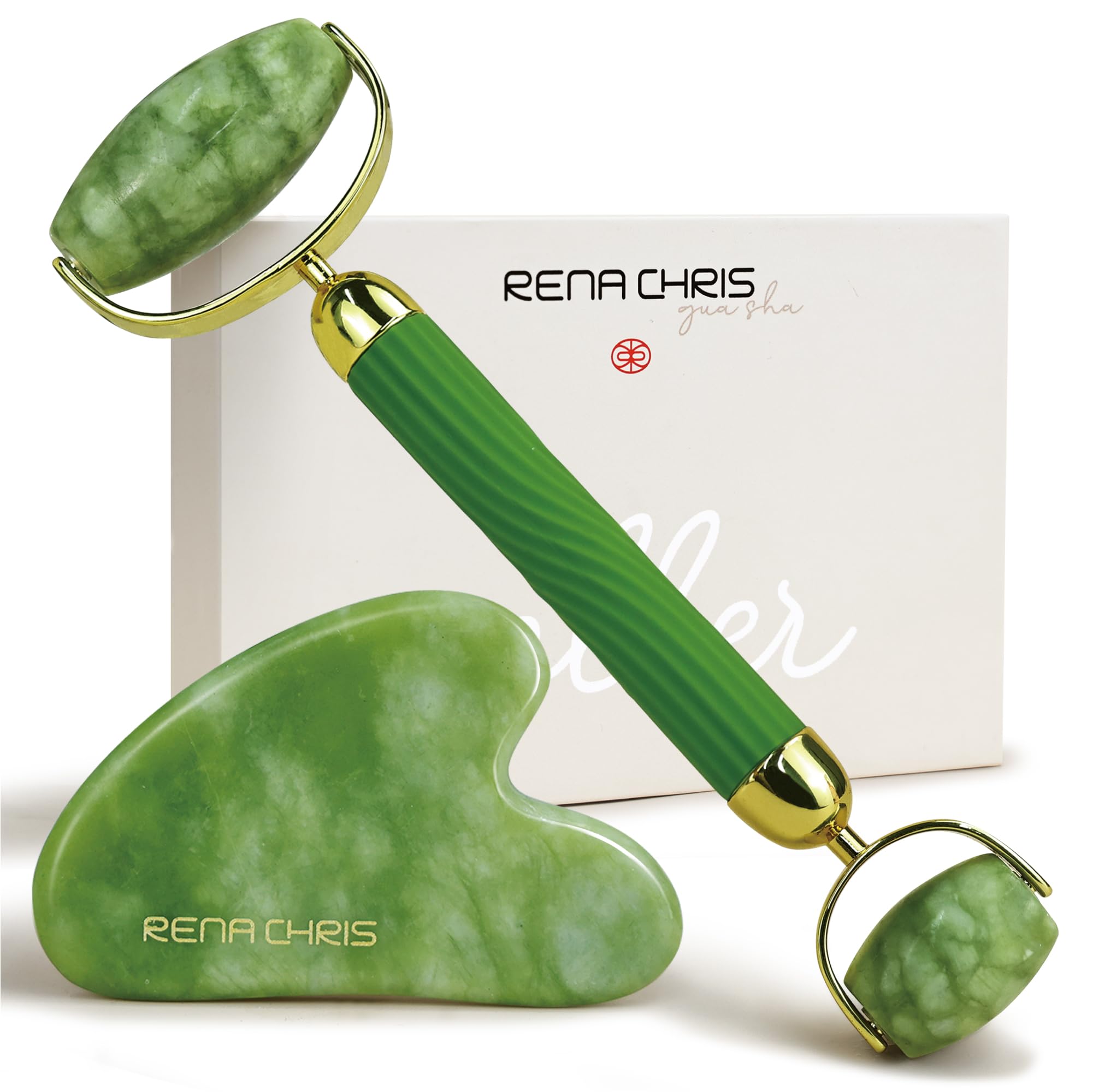 Rena Chris Gua Sha and Jade Facial Roller, Manual Facial Massager and GuaSha Tool, Sculpt Jawline and Reduce Puffiness, Skin Care Gift (Green)