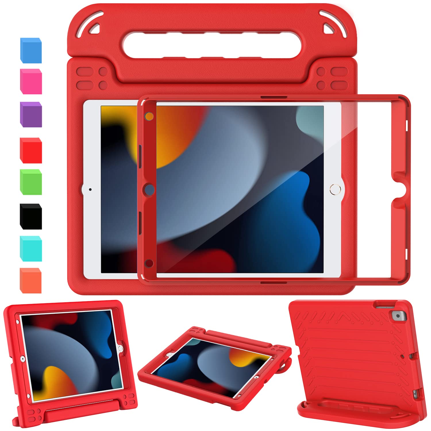 AVAWO Kids Case for iPad 10.2" 9th & 8th & 7th Generation, iPad 10.2 2021/2020/2019 Case with Built-in Screen Protector, Light Weight Shock Proof Handle Stand Kids Friendly Cover for iPad 10.2" - Red