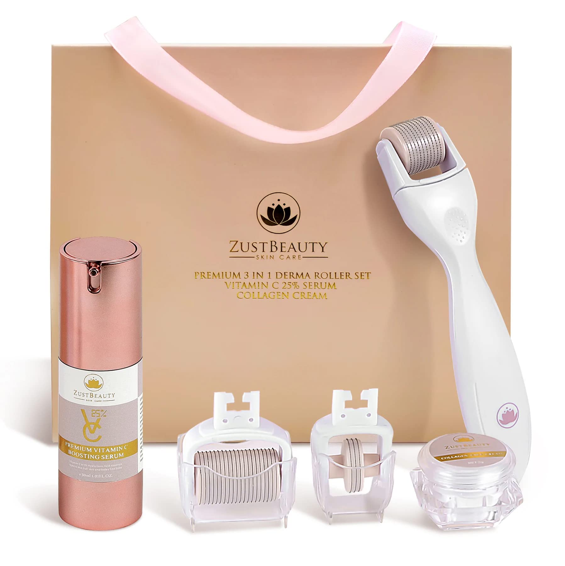 ZUSTBEAUTY | Derma Roller Kit for Face, Body, Stomach | 0.3MM Titanium Microneedle Roller Heads: 180 for Near Eyes, 600 for Face & 1200 for Body | Include Vitamin C Serum & Collagen Cream | Free Case