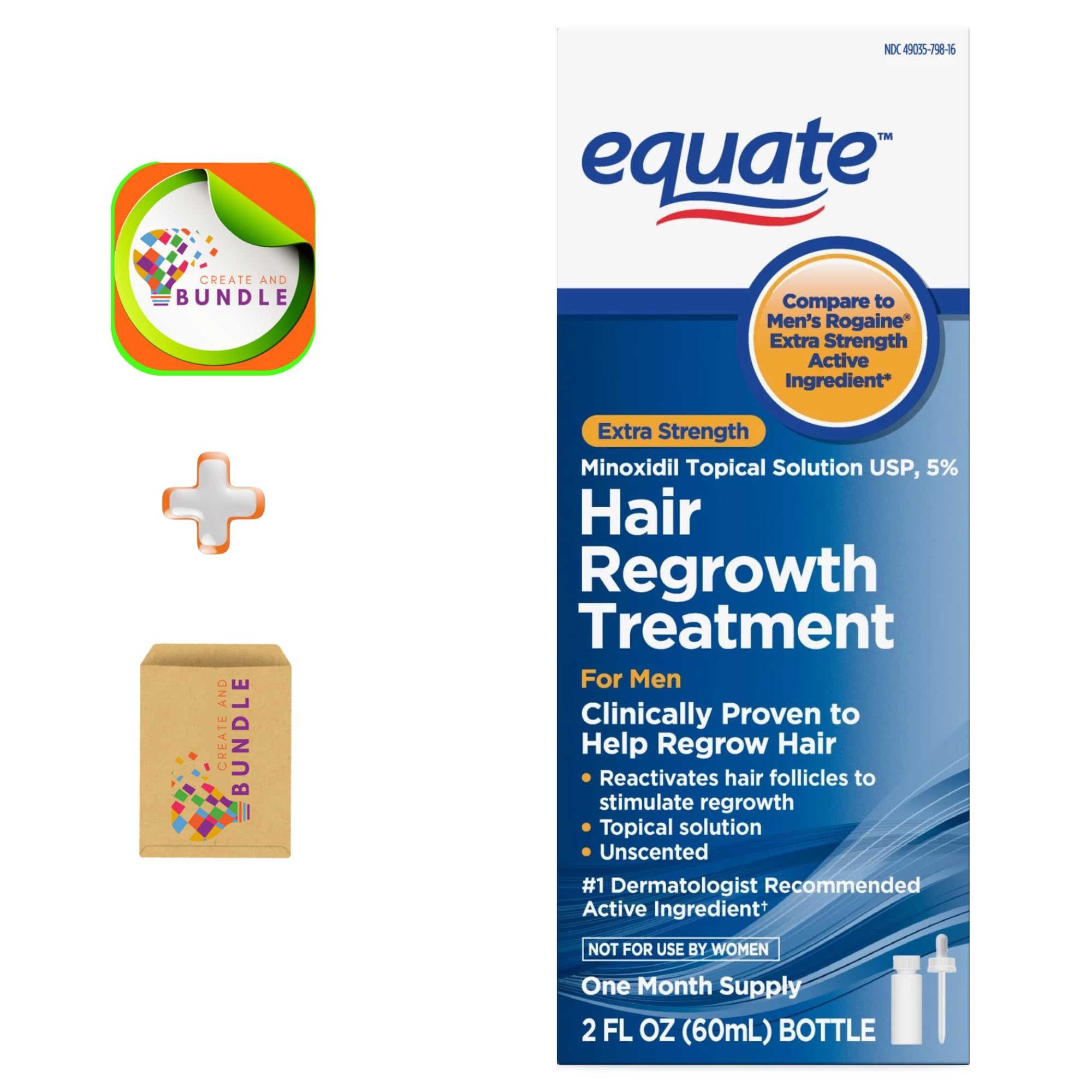 Equate Hair Growth Solution for Men - 1-Month Supply, 2 fl oz + Createandbundle Sticker