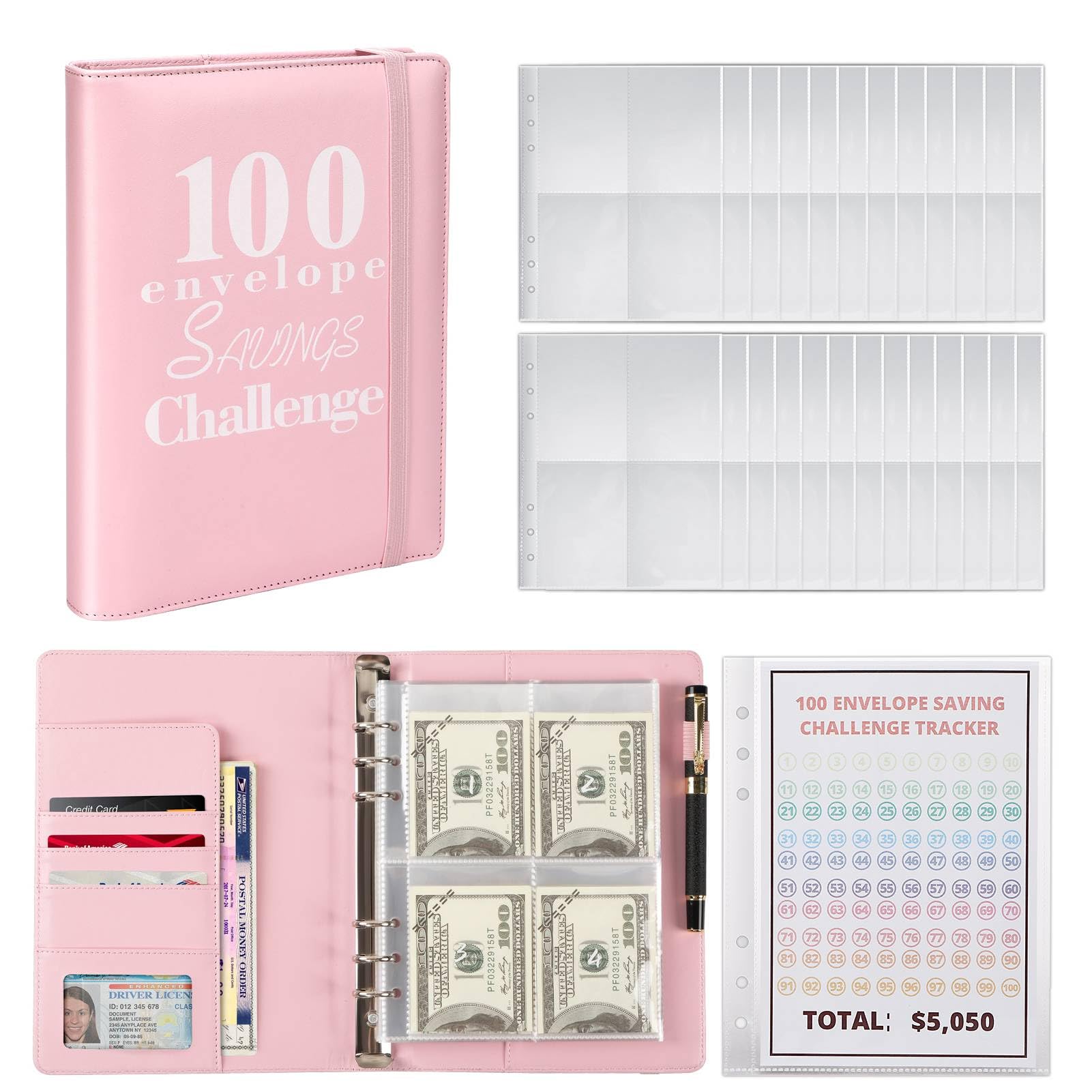 Toplive100 Envelopes Saving Challenge, Challenge Binder with Money Envelopes, Fun Budget Challenges for Money, Easy Savings Challenge for Couples,Pink Binder with Clearn Envelopes and White Number