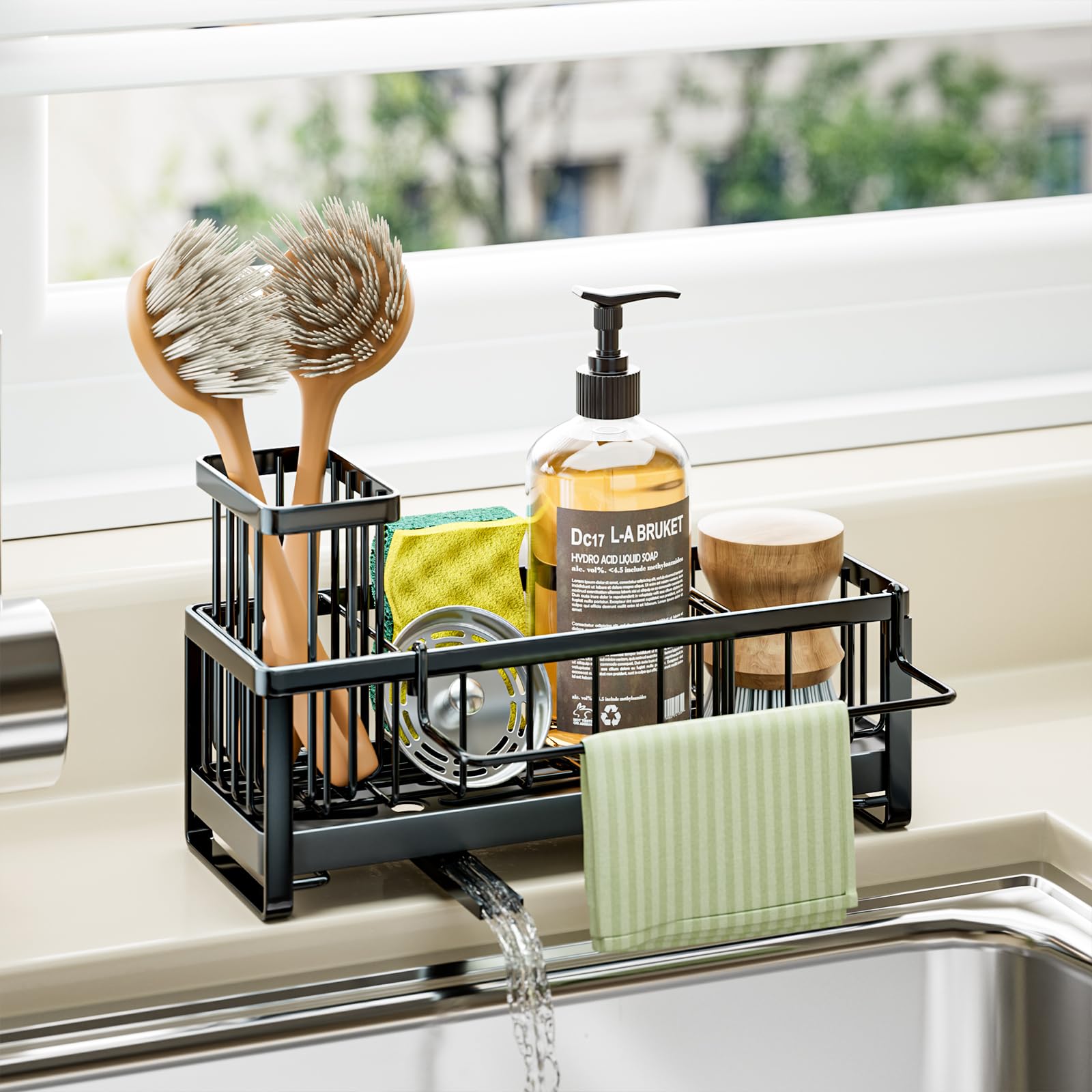 HapiRmSponge Holder for Kitchen Sink - Self-draining Sink Caddy with Brush Holder and Dishcloth Holder, Stainless Steel Kitchen Sink Organizer for Countertop - Black