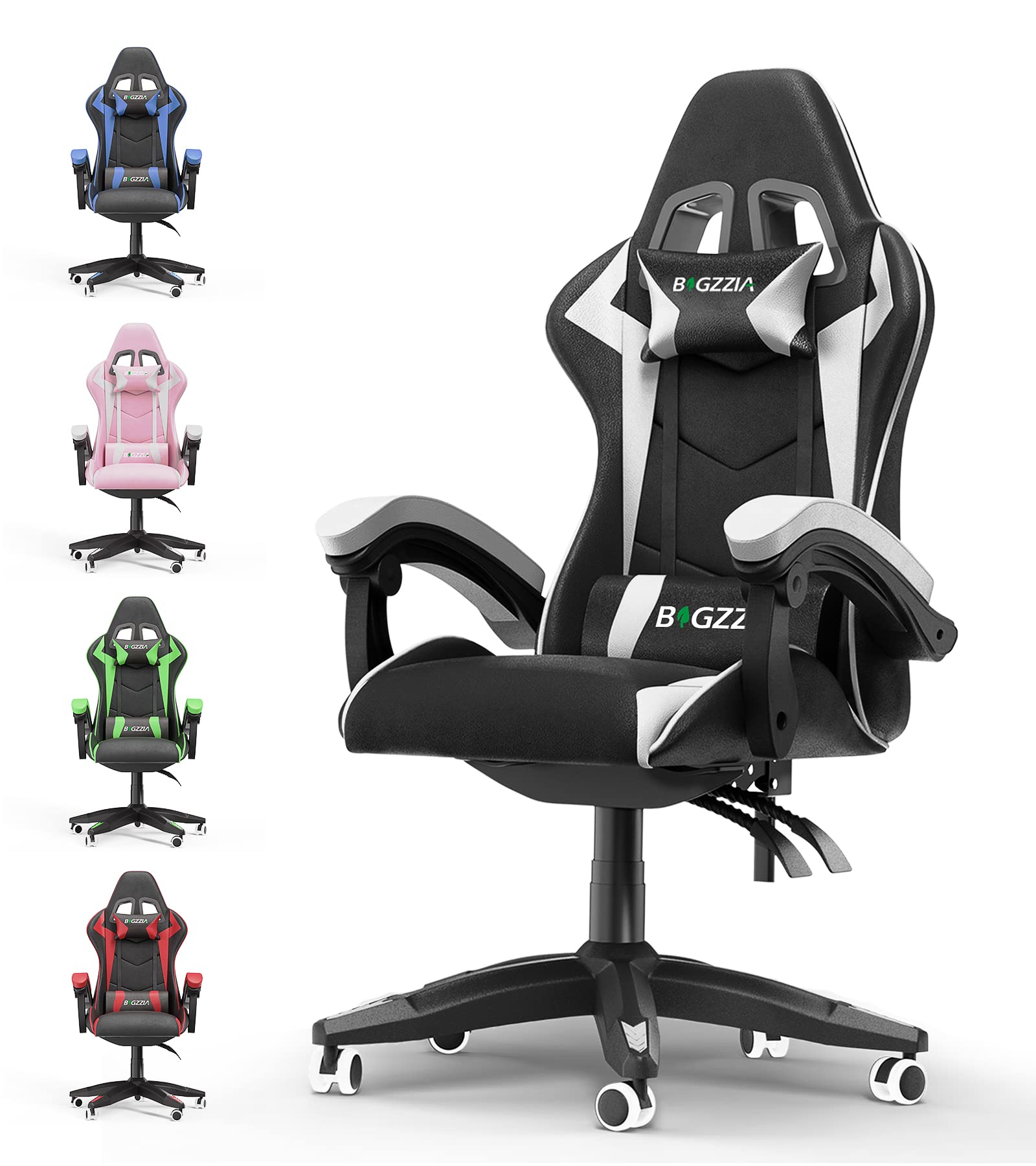 bigzziaErgonomic Gaming Chair - Gamer Chairs with Lumbar Cushion + Headrest, Height-Adjustable Office & Computer Chair for Adults, Girls, Boys (Without footrest, White)