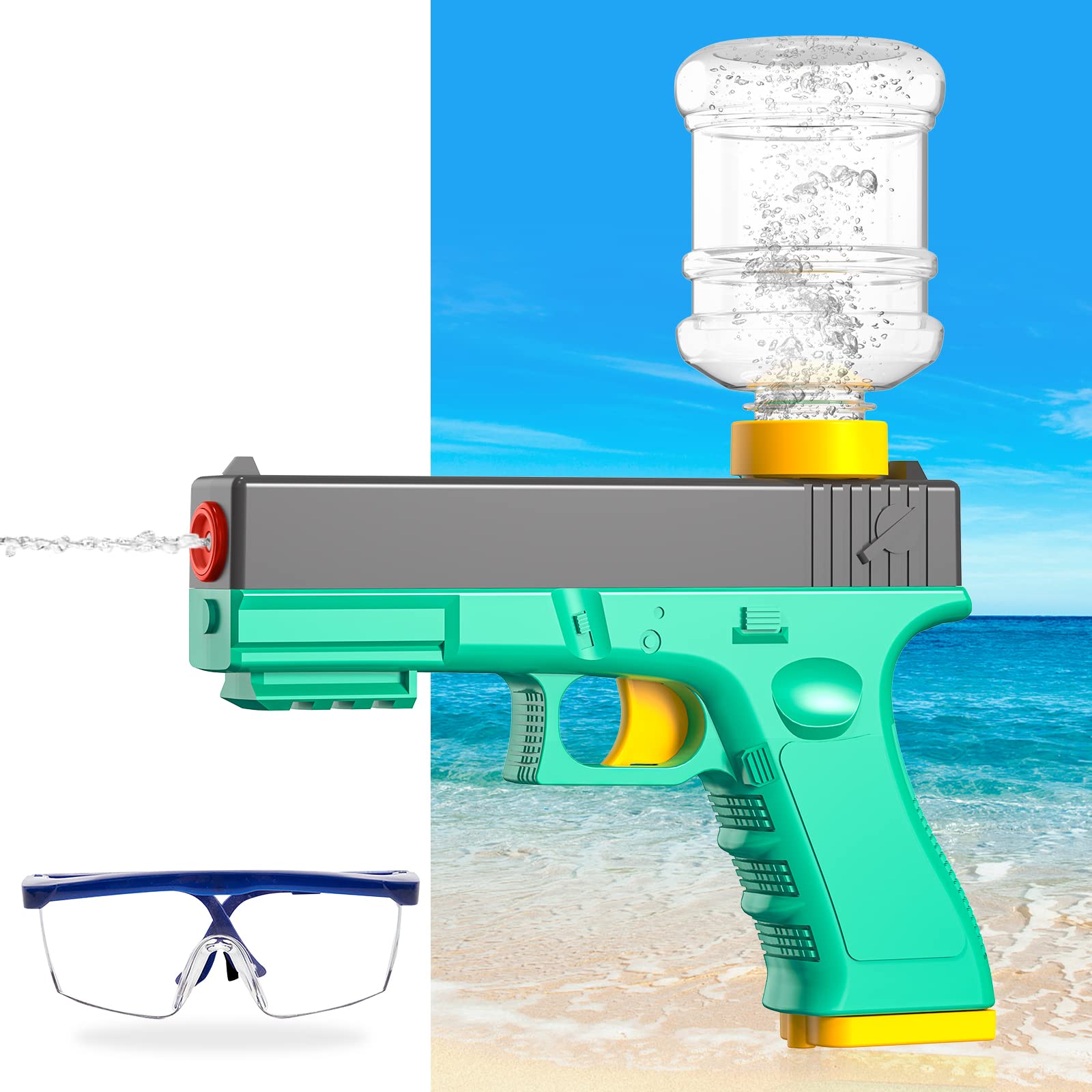 Electric Water Gun (Replaceable Water Bottles, Green), One-Button Automatic Squirt Gun, 32FT Range for Adults & Kids, Summer Swimming Pool Beach Outdoor Party Toy Water Blaster Gun