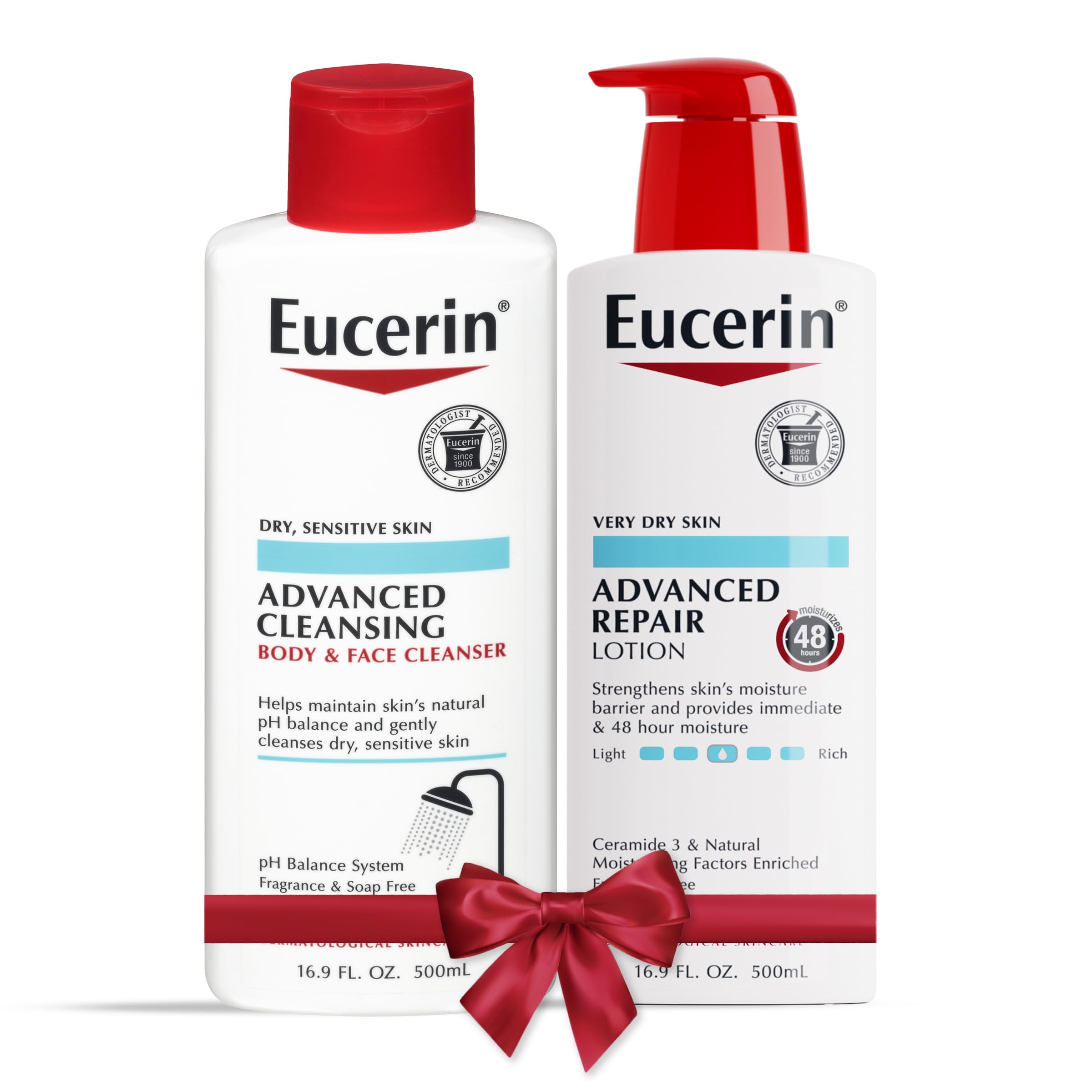 EucerinSkin Care Set, Fragrance Free, Advanced Repair Body Lotion for Dry Skin, 16.9 Fl Oz Bottle + Advanced Cleansing Body and Face Cleanser, 16.9 Fl Oz Bottle, Holiday Gifts for Self Care