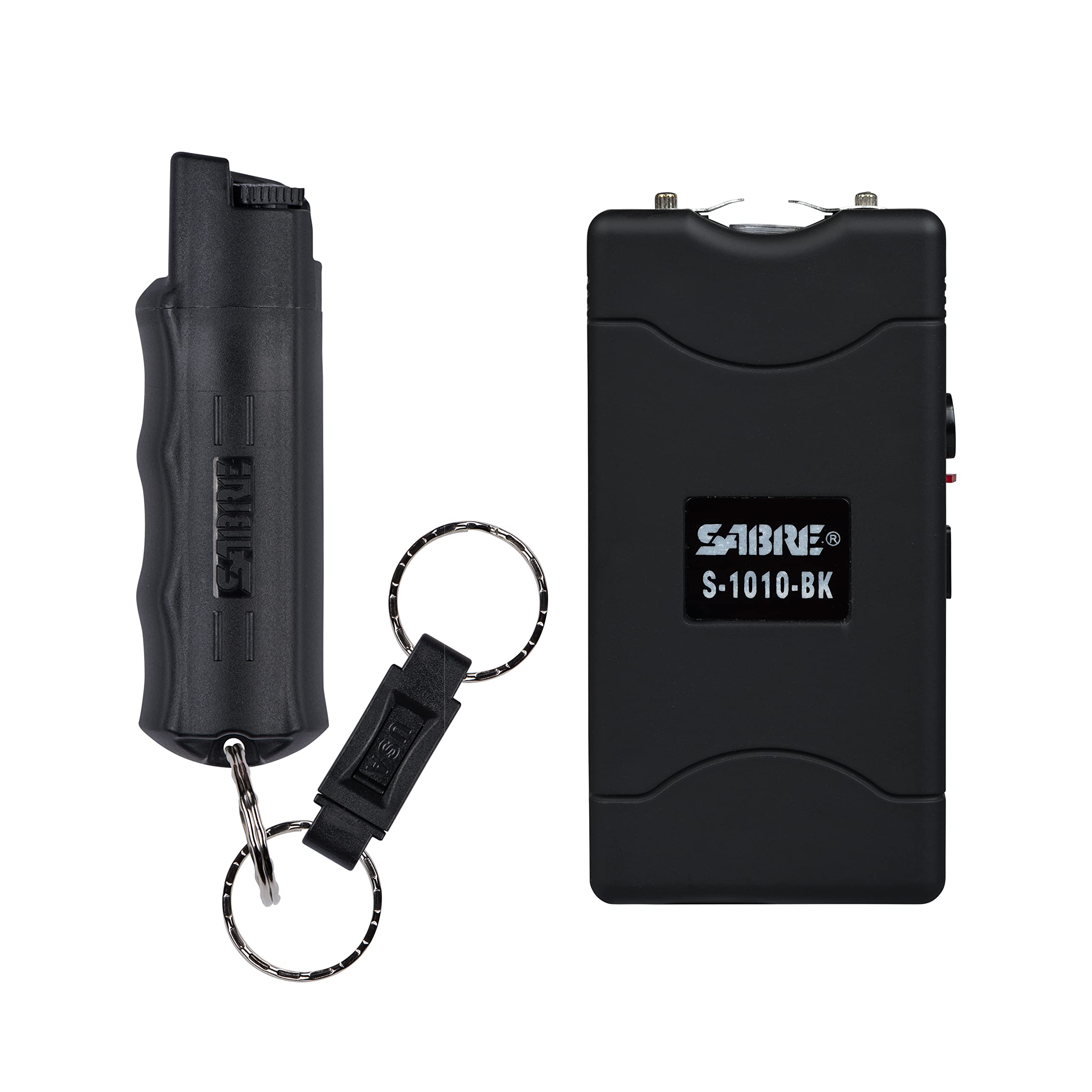 SABRE Pepper Spray And 2-in-1 Stun Gun and Flashlight, 25 Bursts of Max Strength OC Spray, Intuitive Finger Grip, 0.54 fl oz, Painful 1.160 µC Charge, 120 Lumens, Rechargeable, Safety Switch, Holster