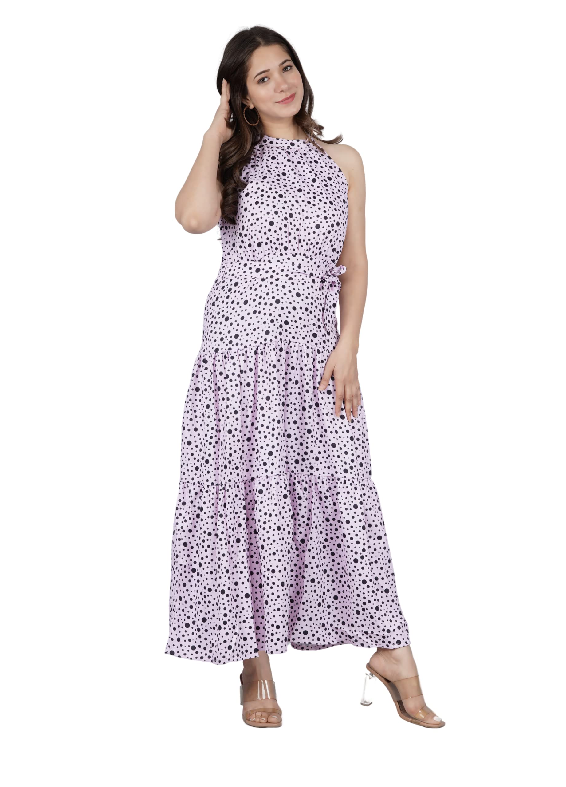 Women Lilac Polka Dot Flared Maxi Dress