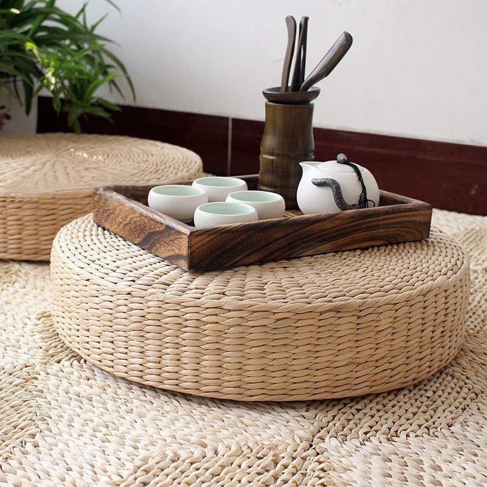 HUAWEL Meditation Cushion, 15.7inch / 40cm Dia Straw Floor Seat Cushion for Deep Thought Leisure Round Shape Soft Pouf Light Yellow Knitted Tatami Cushion