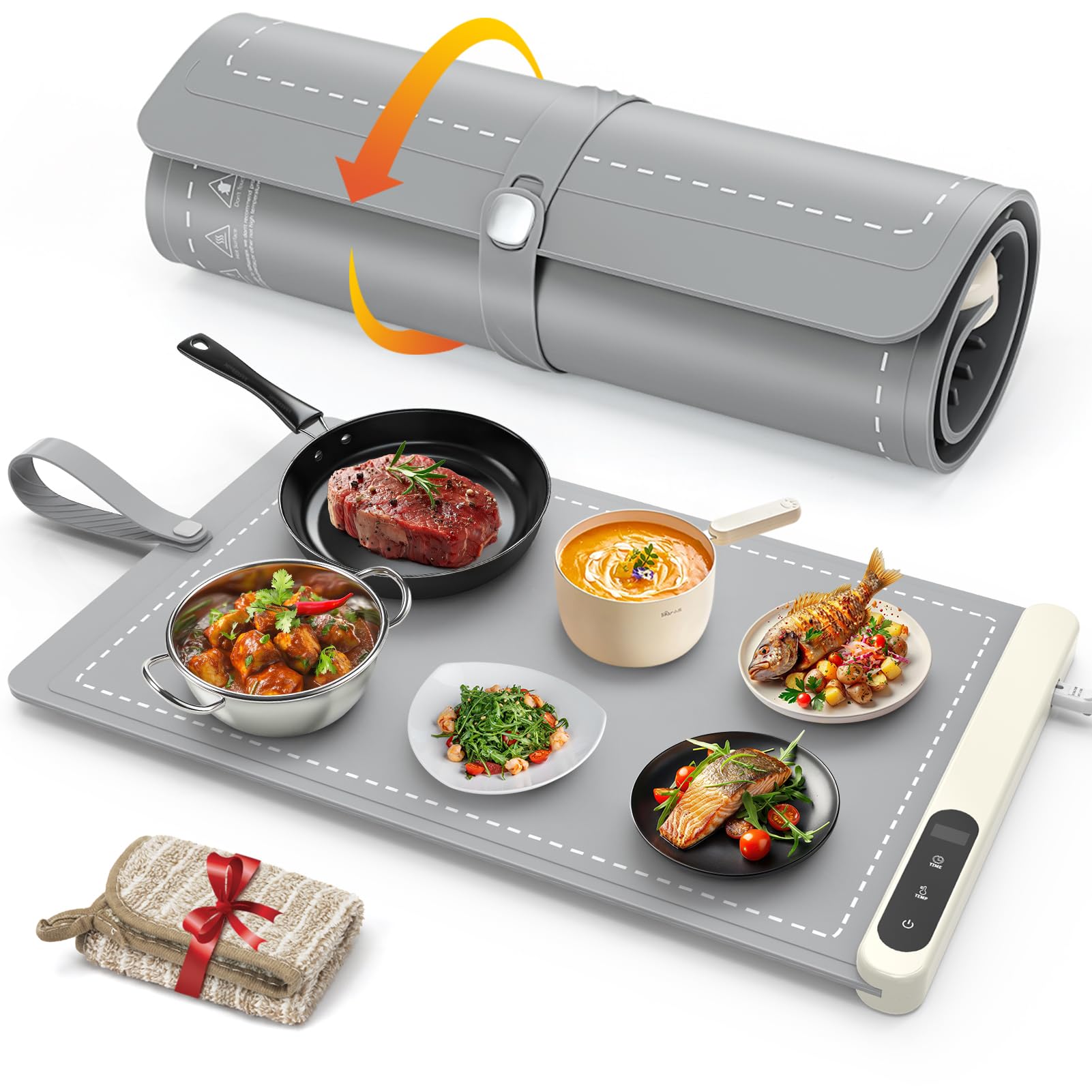 FYY Food Warming Mat - Electric Warming Tray with 6 Temperature Settings and 6 Hours Timer, Full Surface Graphene Heating Food Warmer, Premium Rollable Heating Tray for Gatherings, Parties, Grey