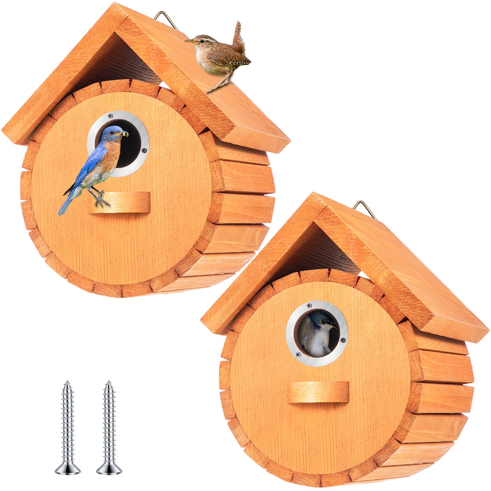 Dreyoo2 Pack Cedar Bluebird Box Houses for Outside, 1-1/2'' Entrance Hole Wooden Bird Houses with Metal Guard, Secure Latch, Fledgling Grooves, Air Vents for Bluebird Wren Swallow (Brown,Triangle)