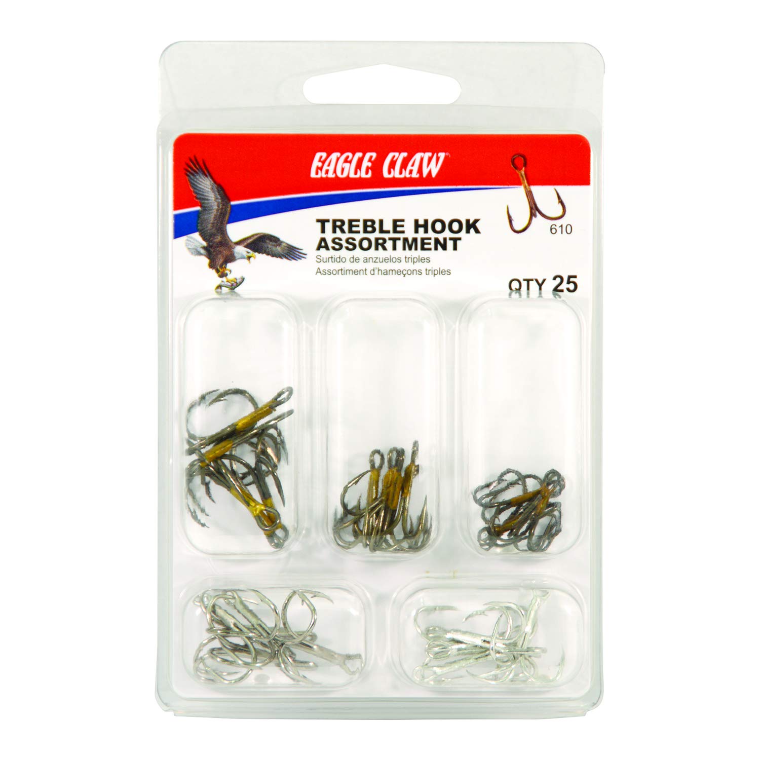 Eagle Claw TREBLE HOOK ASSORTMENT, SHORT SHANK FISHING HOOKS FOR FRESHWATER FISH, 25 HOOKS, SIZES 6 TO 2, Multi, One Size (610H)