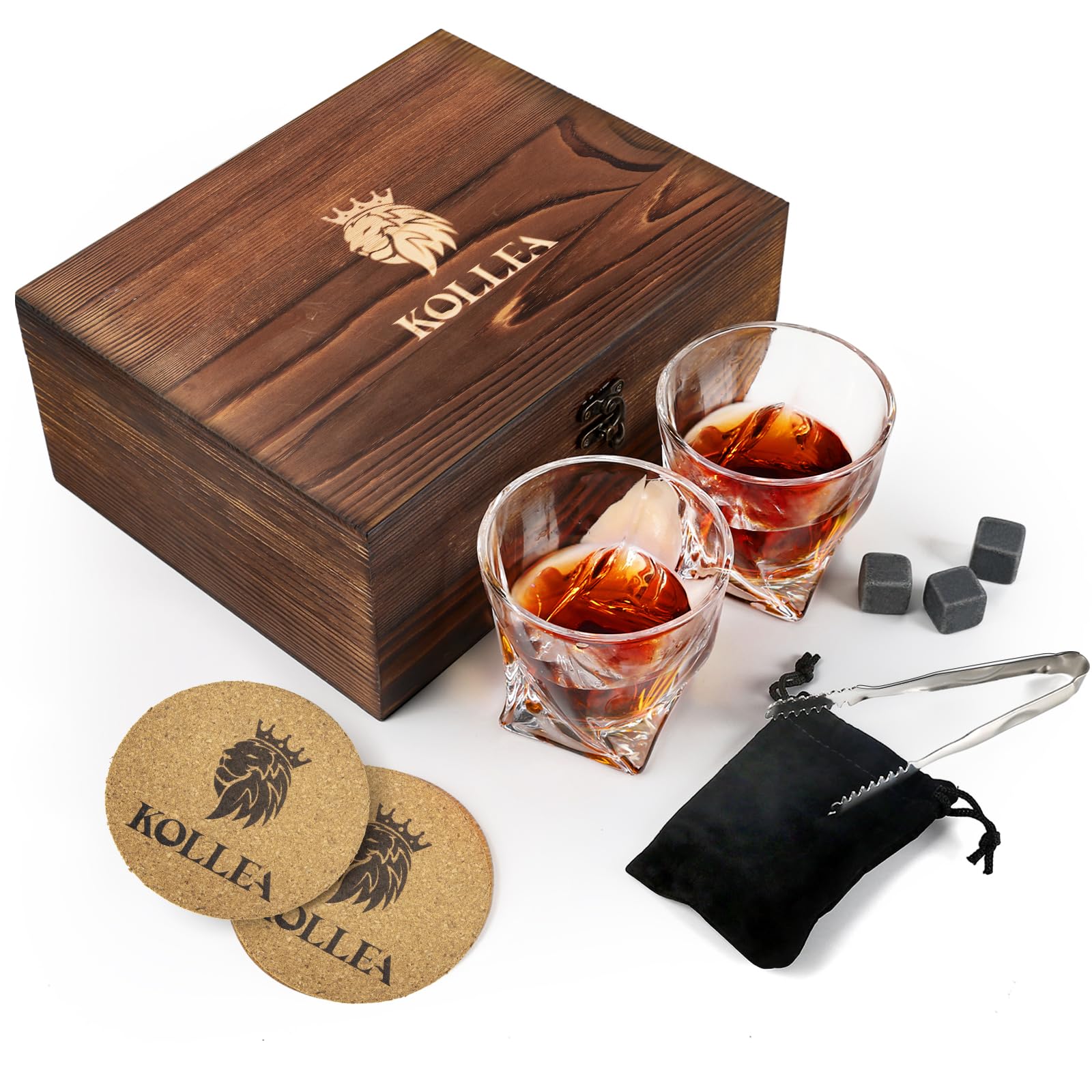 Gifts for Men Dad, Kollea Whiskey Glasses Set of 2 & Whiskey Stones, Whiskey Gifts Ideas for Men, Dad, Him, Husband, Birthday, Retirement, Christmas-Wood Box & Whiskey Stones & Coaster