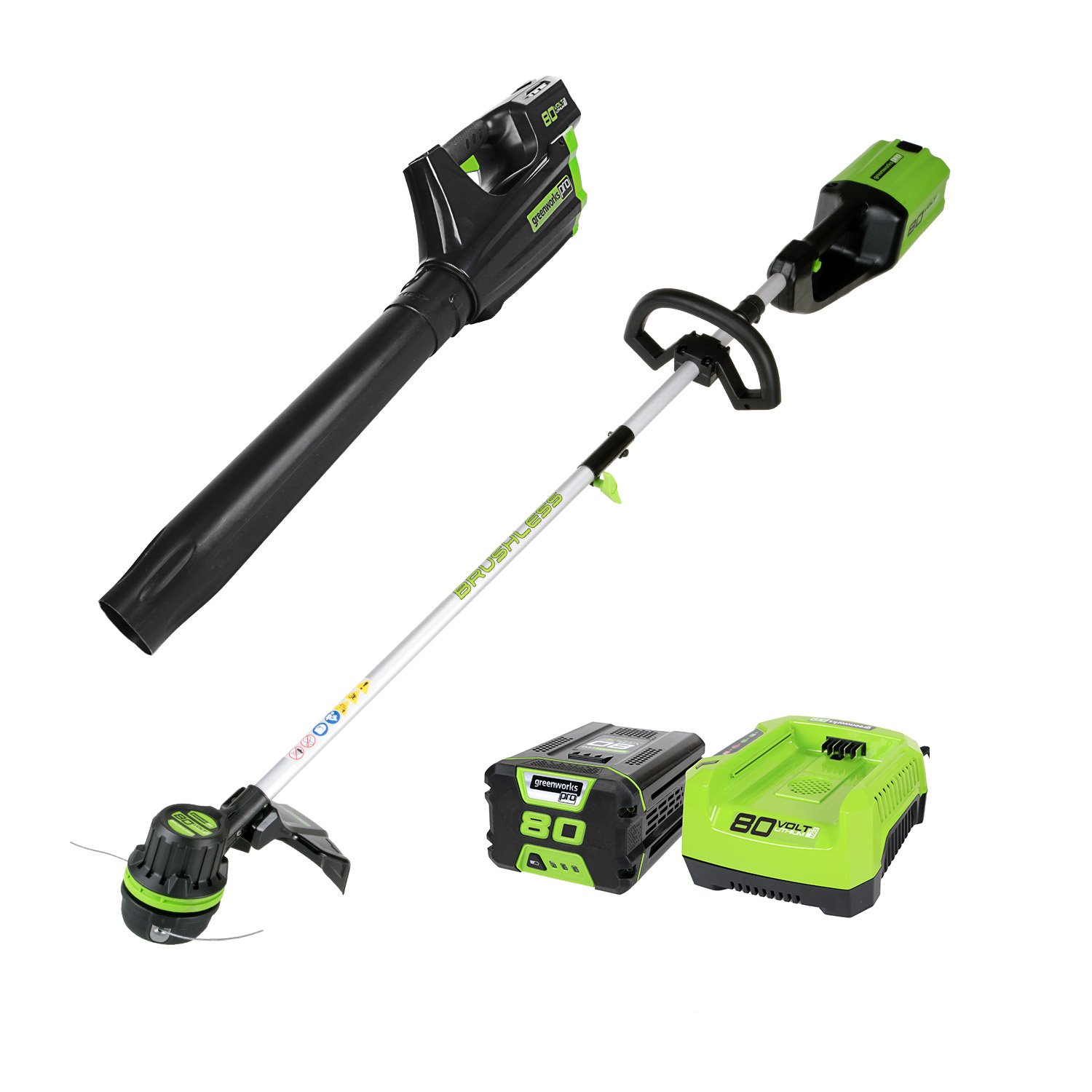 GreenworksPro 80V Cordless Brushless String Trimmer + Leaf Blower Combo, 2Ah Battery and Charger Included STBA80L210