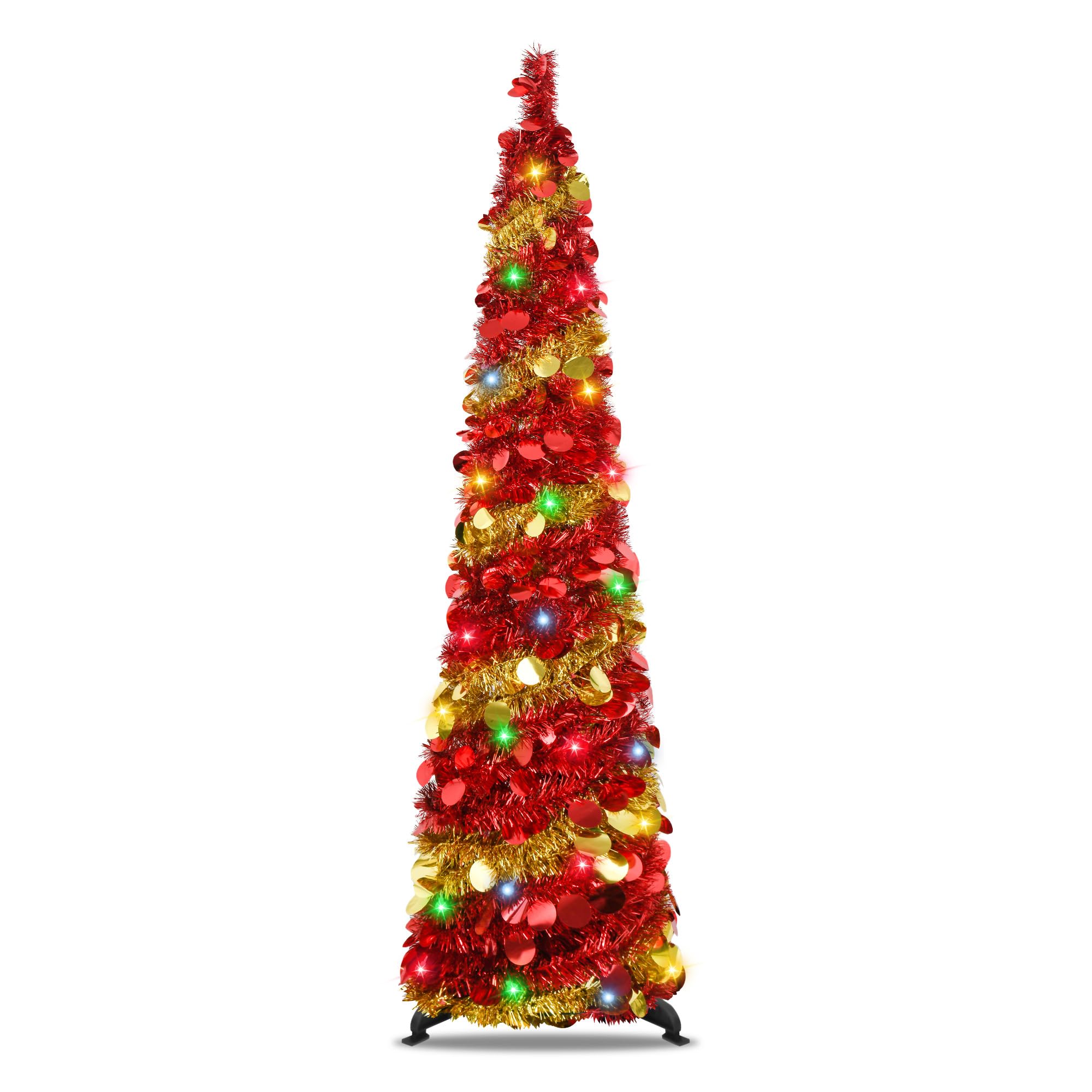 5-Foot Pop-Up Foldable Artificial Pencil Tree, Reusable, Christmas Tree with LED String Lights.Suitable for Holiday Decoration in Homes, Offices, and Parties(Red)