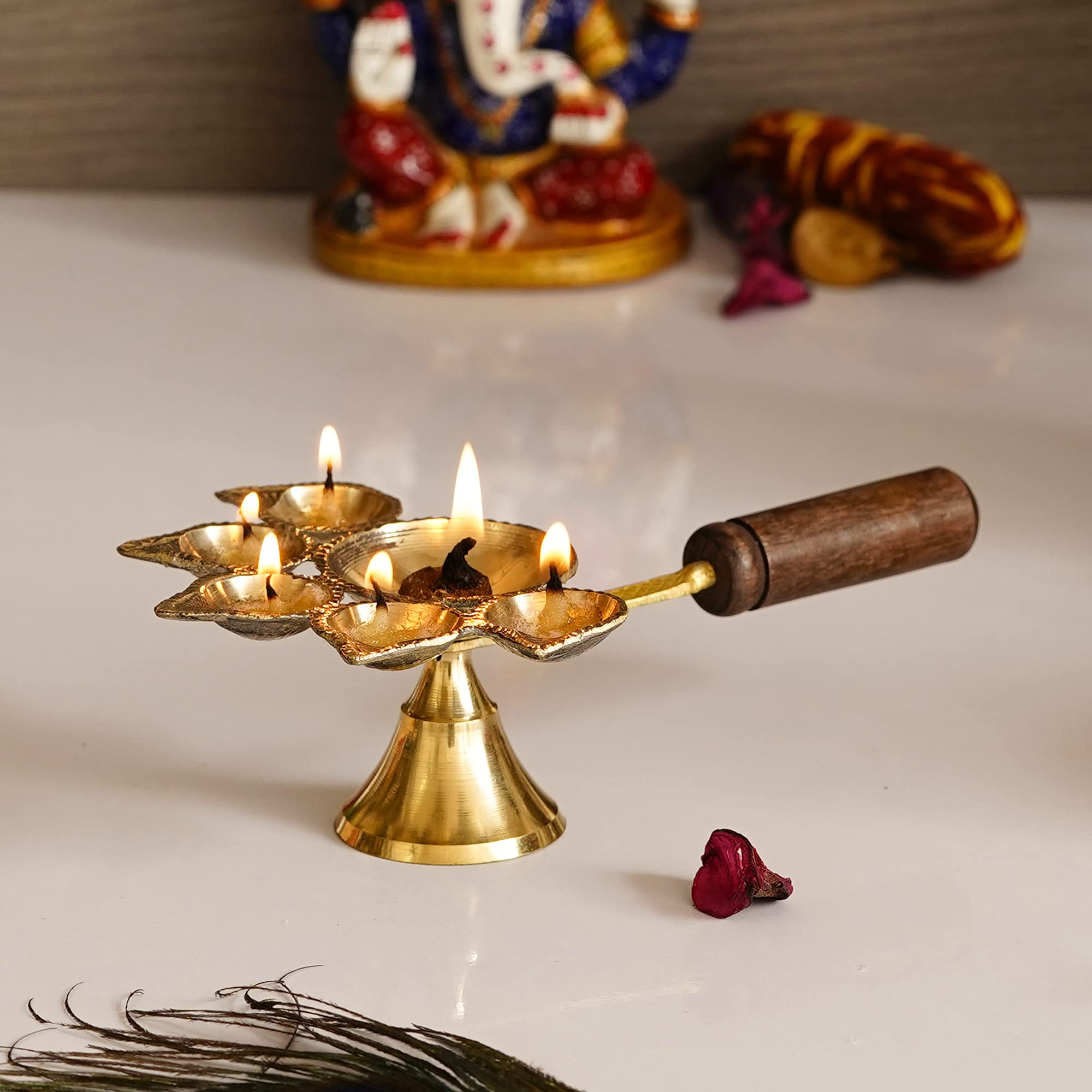 eCraftIndiaBrass Panchdeep Diya for 5 Cotton Wicks with Wooden Holder, Brown and Golden, One Size (AKDIYA113)