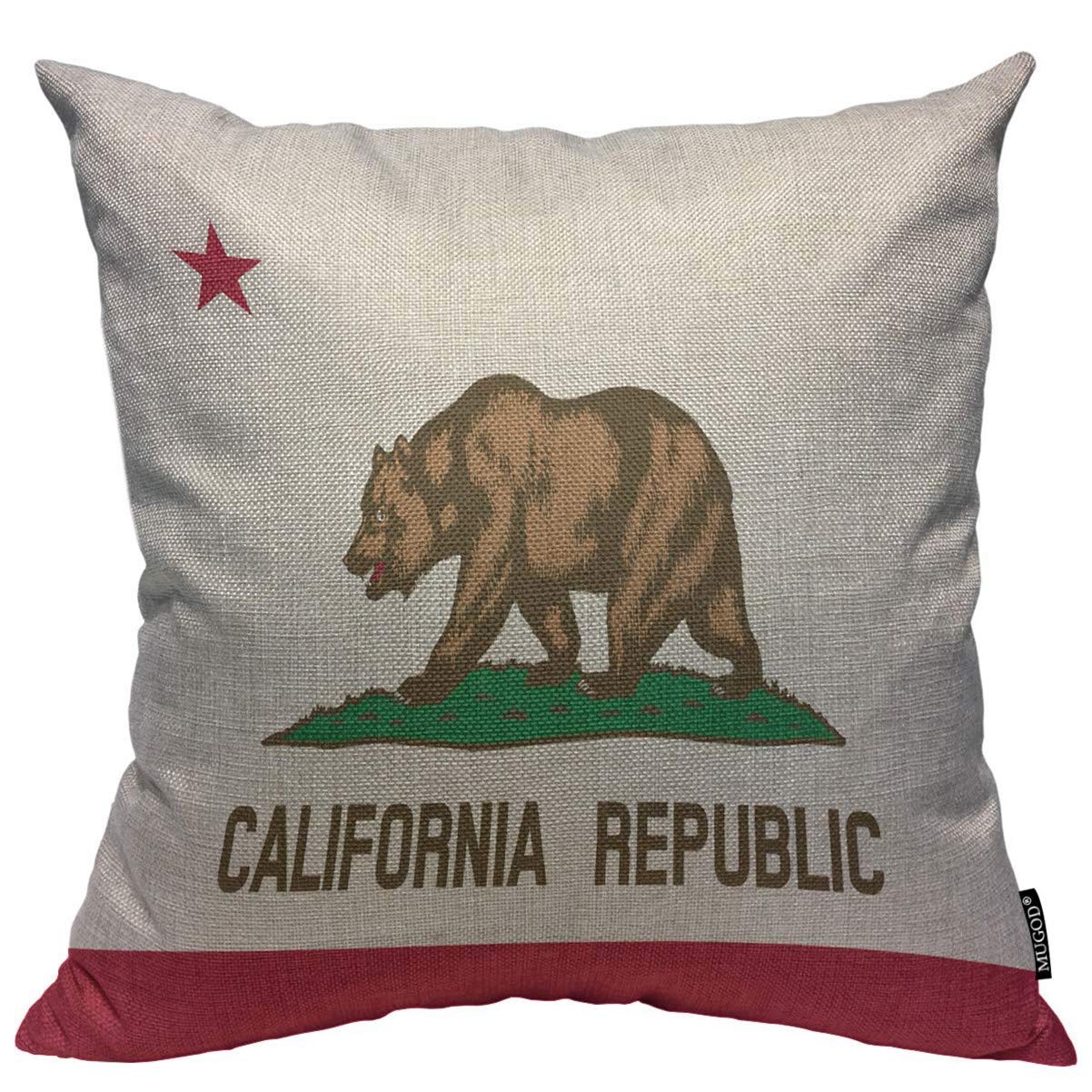 Throw Pillow Cover Bear State of California Flag Republic Home Decorative Square Pillow Case for Men Women Boy Gilrs Bedroom Livingroom Cushion Cover 18x18 Inch,Beige Brown Pillowcase