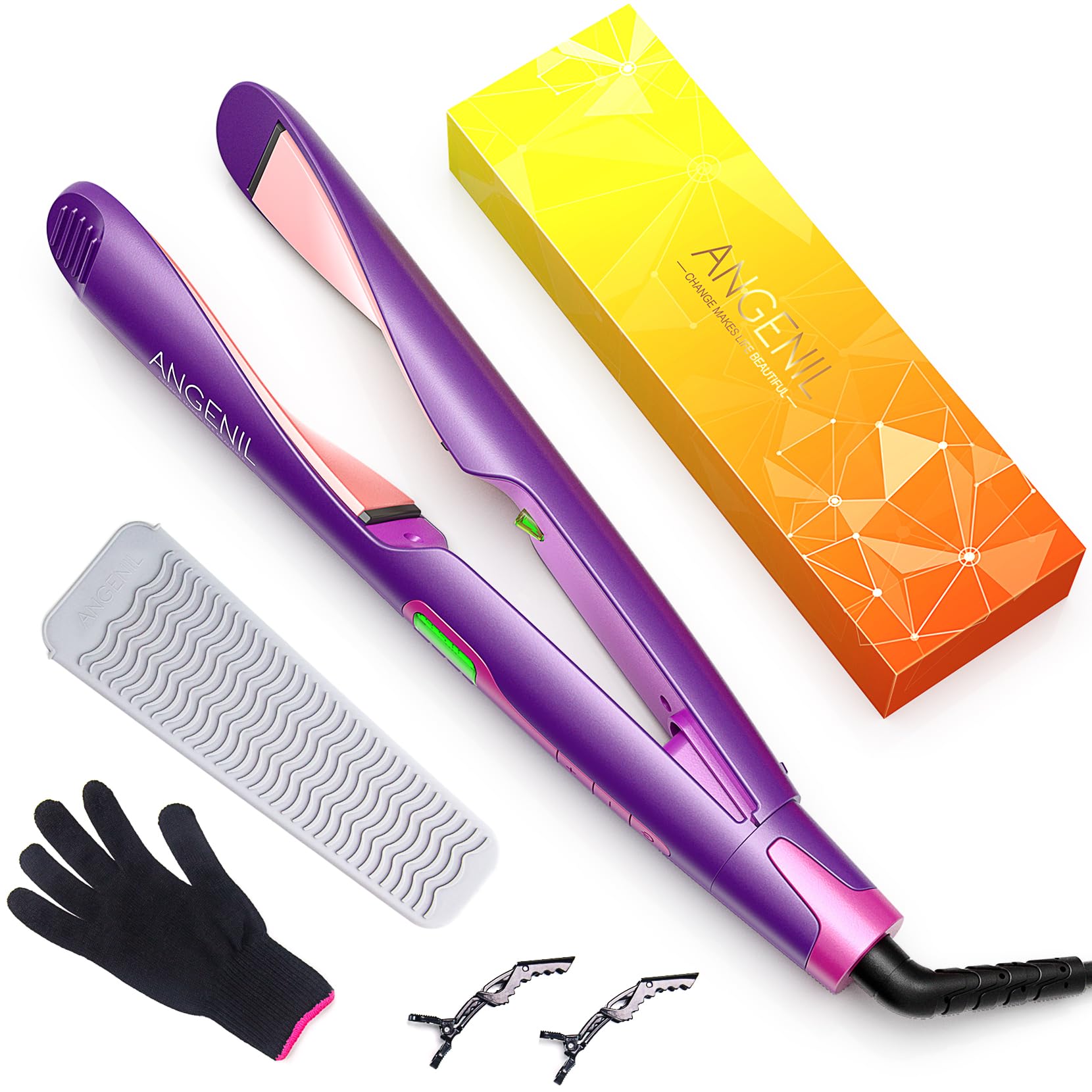 ANGENIL Hair Straightener and Curler, 2 in 1 Hair Straightener and Ceramic Ionic Hair Curler, Flat Iron with Adjustable Temperature, Instant Heating Styling Tools with LCD Display