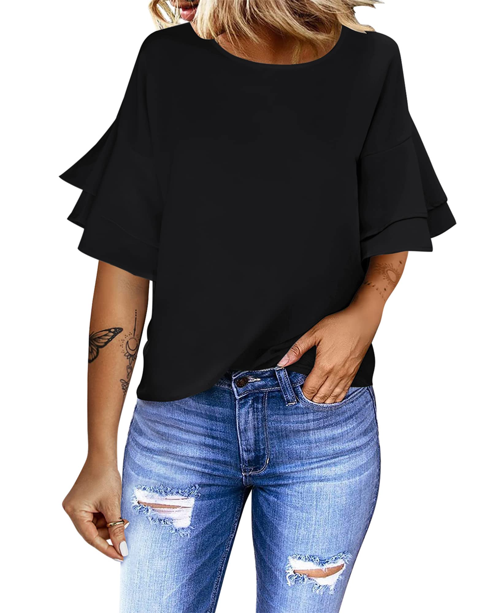 luvamiaWomen's Casual 3/4 Tiered Bell Sleeve Crewneck Loose Tops Blouses Shirt