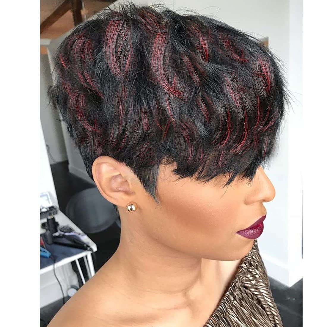 Yviann Pixie Cut Wigs for Black Women with Bangs Wine Red Color Short Human Hai Wig Black Mixed Burgundy L1B/99J Glueless Wig Daily Wear