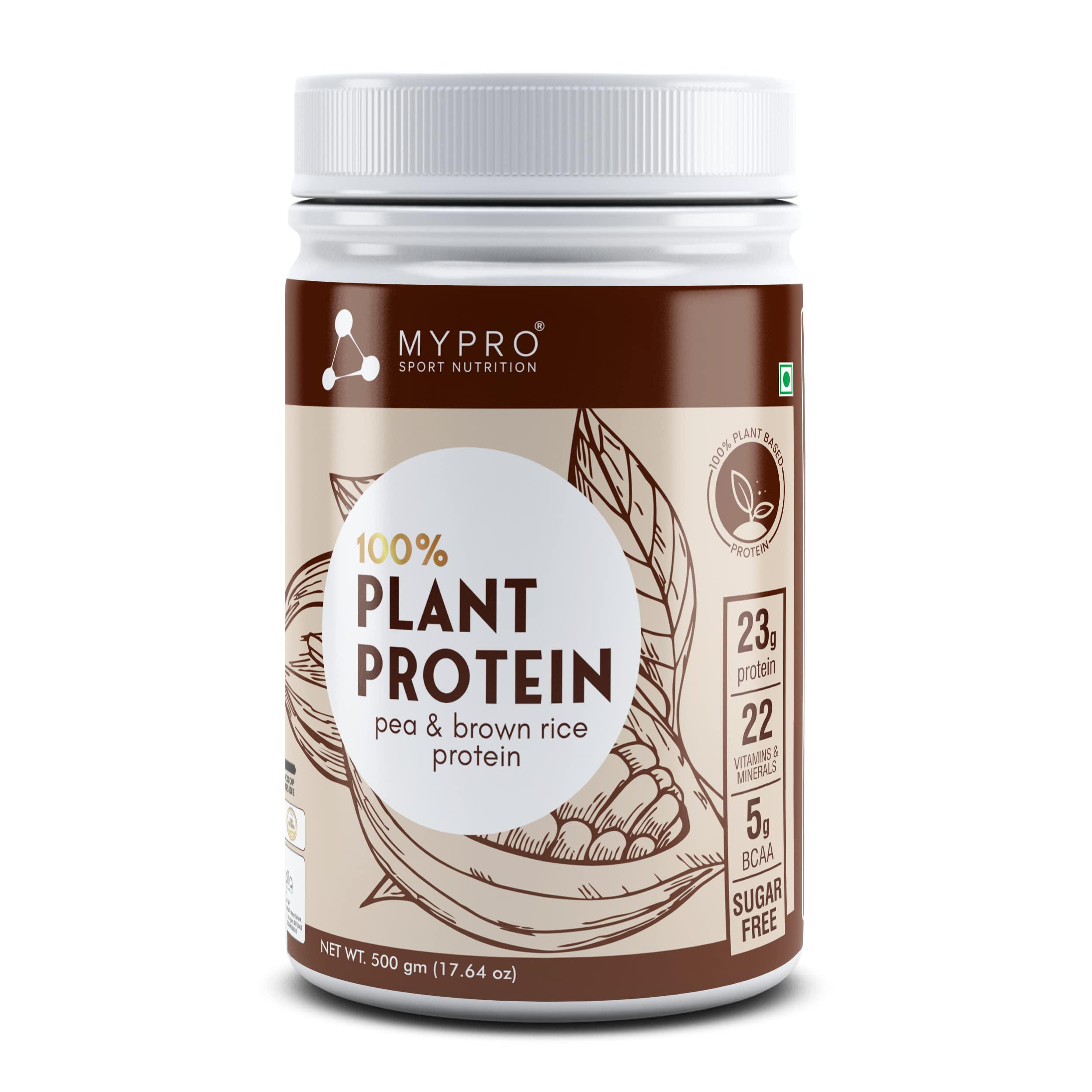 Mypro Sport Nutrition Plant Protein Powder Pea & Brown Rice Protein (23g protein,22 Vitamins & minerals,5g BCAA) Plant Based Vegan Protein Men & Women (Chocolate, 500 g (Pack of 1))