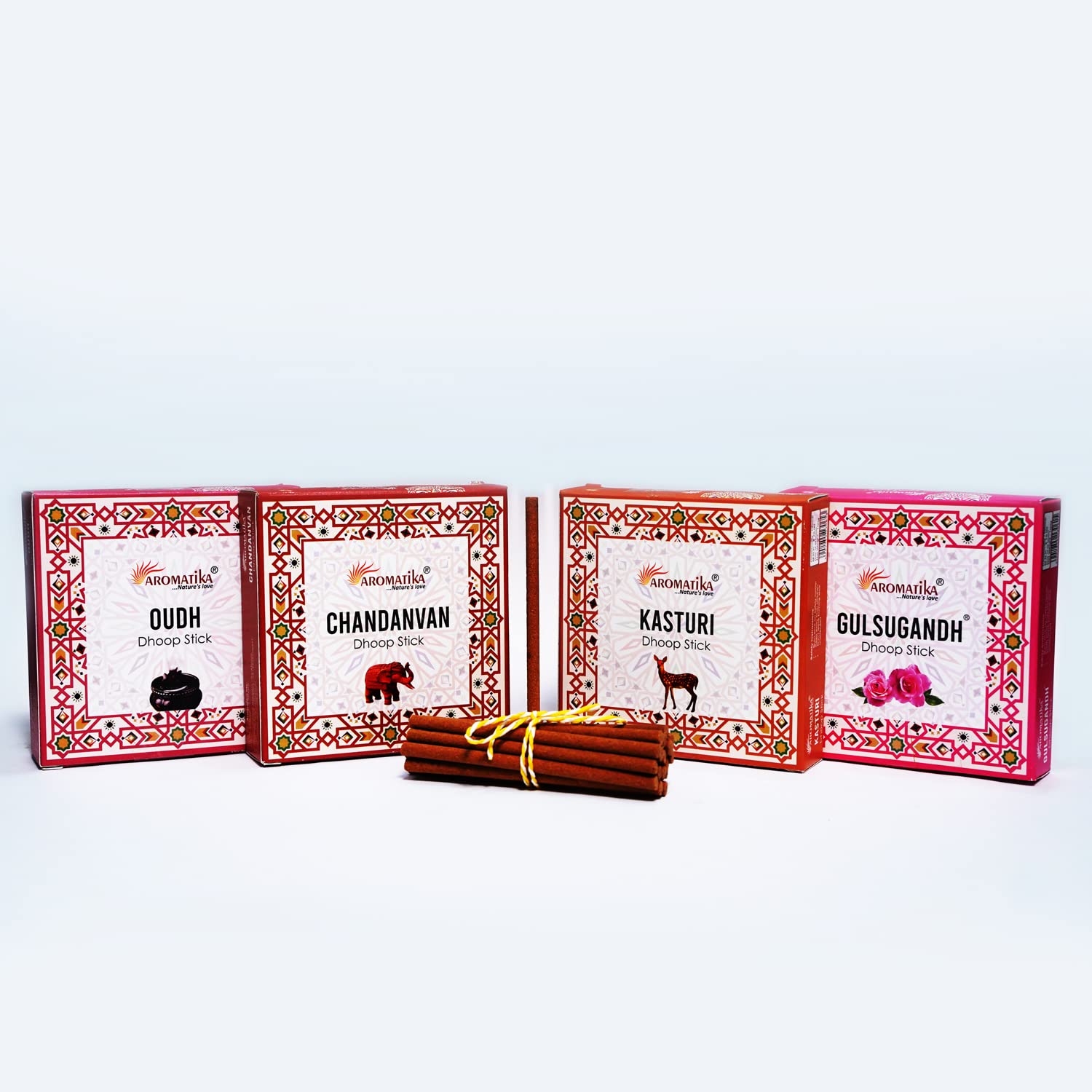 Aromatika Luxury Dhoop Sticks Best Home Fragrance (Pack of 4) | for Prayer, Aromatherapy and Relaxation | 4 Different Hand- Rolled Dhoop (Oudh, Kasturi, Chandanvan, Gul Sugandh)