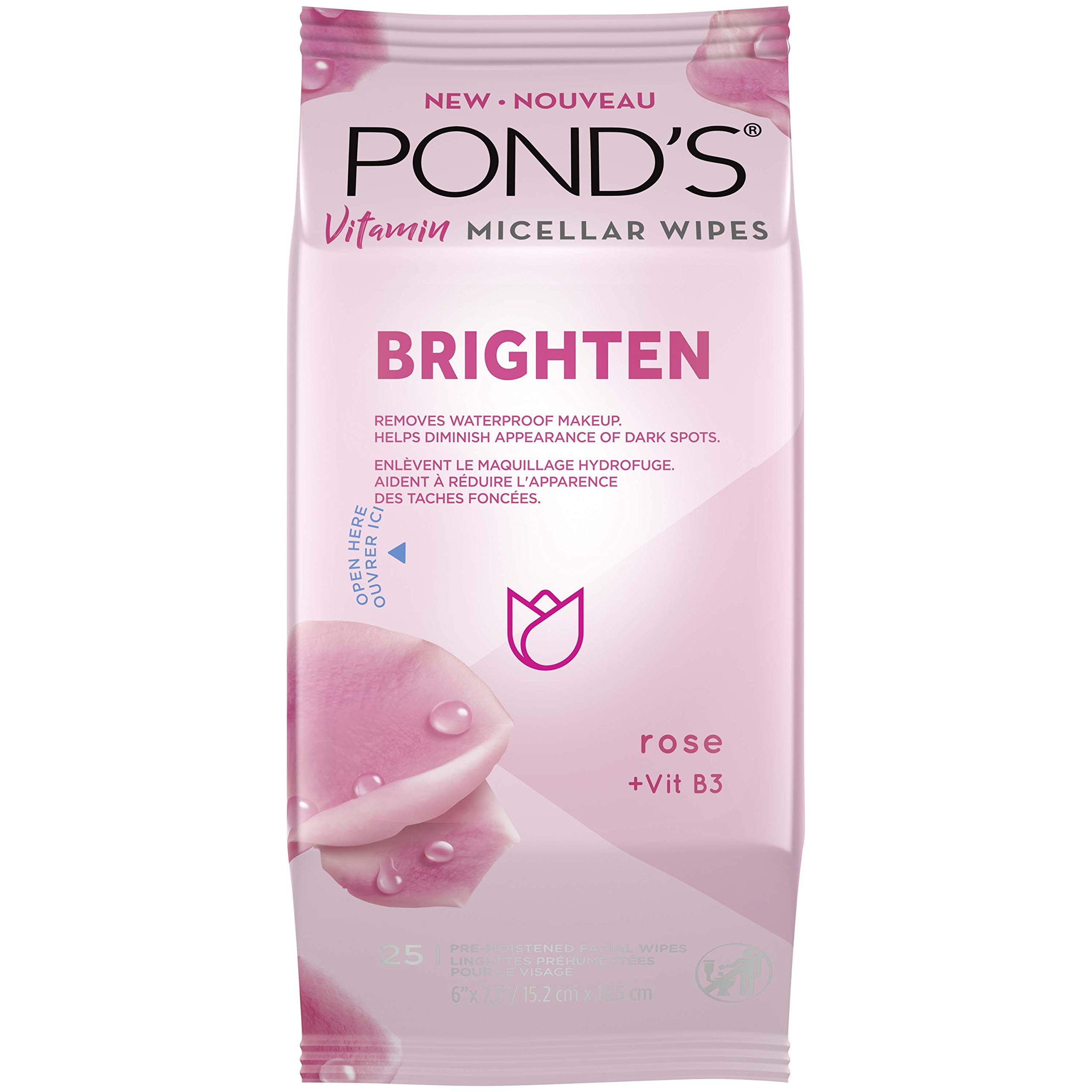 Pond'sVitamin Micellar Wipes For Dark Spots Brighten Rose Removes Waterproof Makeup 25 Wipes