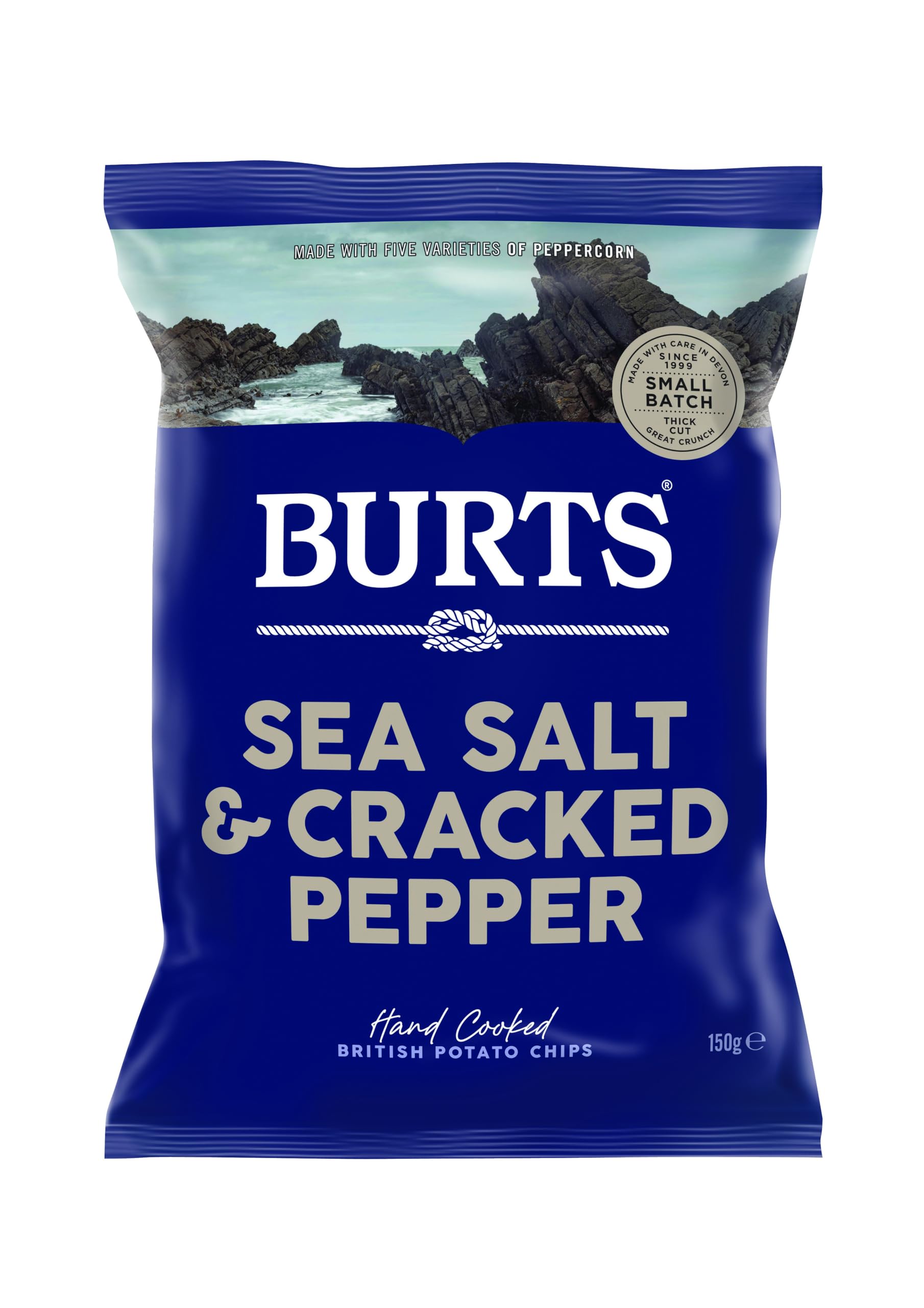 BURTSPotato Chips, Sea Salt & Cracked Pepper, 150g | Hand-Cooked British Chips - Thick Cut | Gluten-Free | Vegan | No Artificial Flavors or Colors