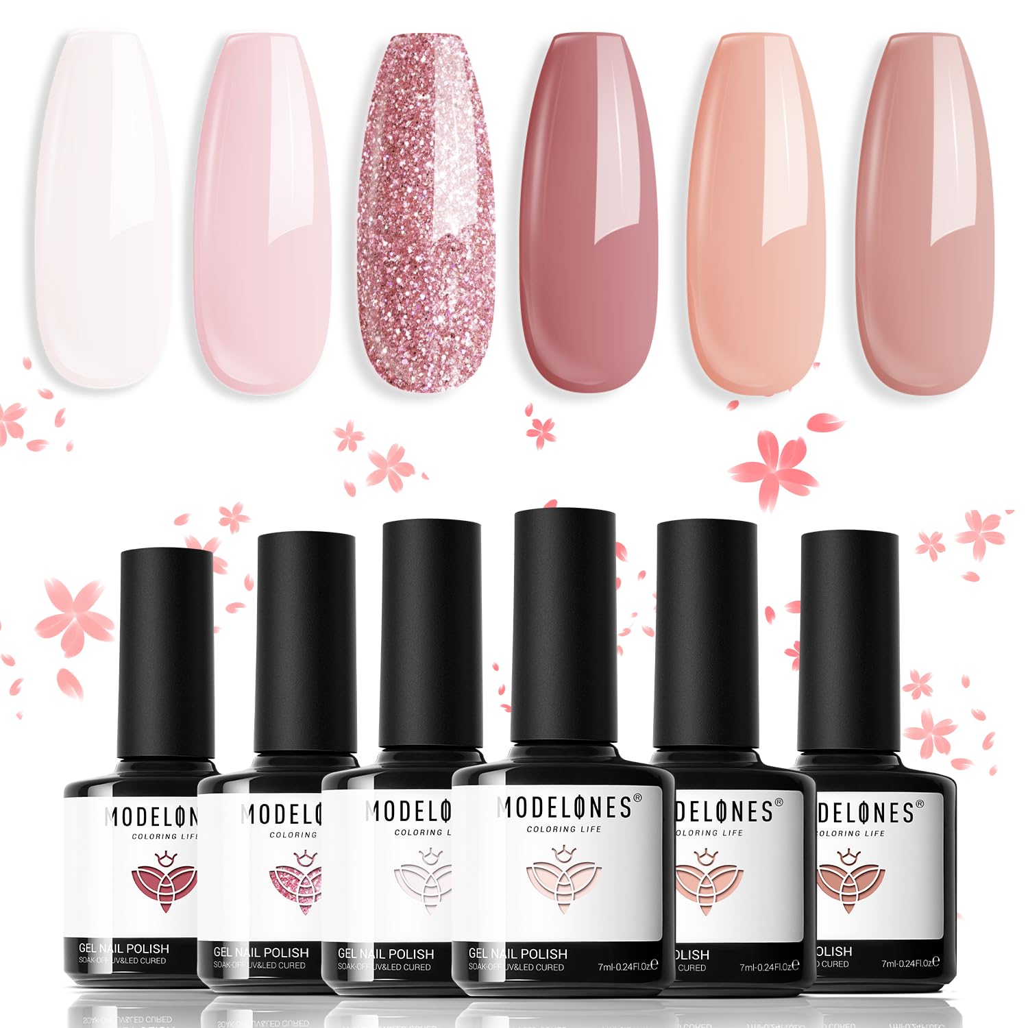 Modelones Gel Nail Polish Set 6 Colors, Nude Pink Summer Glitter Neutral Gel Polish Peaches All Seasons Skin Tones Soak Off Manicure Nail Art Design Salon Starter Kit Home Holiday Gift for Women Girl