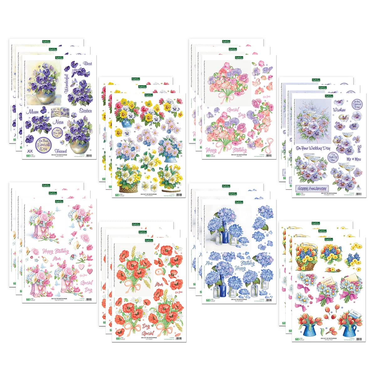 Katy Sue Designs Pretty Flowers 3D Die-Cut Decoupage Sheets for Card Making. A Pack of 24 Sheets of Floral-Themed Die Cuts for Card Making Supplies With Sweet Peas, Corn Poppies, Hydrangeas, & Pansies