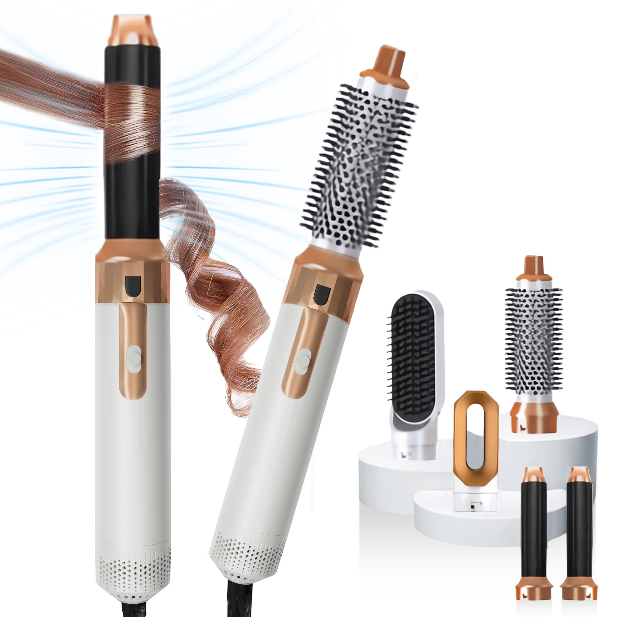 KKM STYLERNew Updated 5 in 1 Hair Styler, Hot Air Brush, Hair Dryer Brush, Hair Curler, Air Styler, Hair Dryer Set - Perfect for Volumizing, Straightening, and Curling at Home (Gold&White)