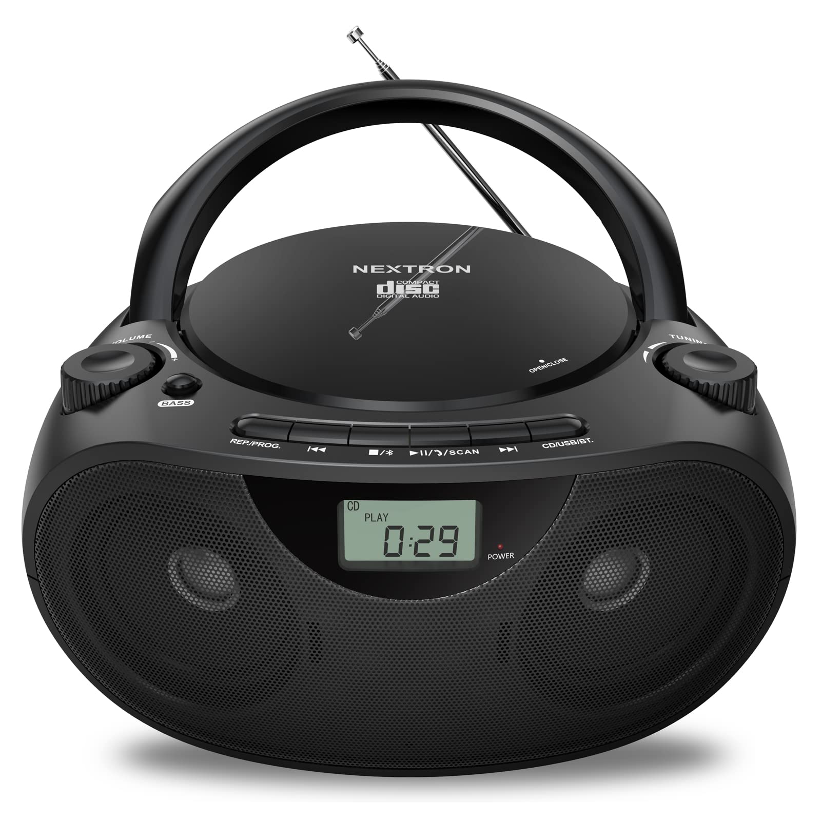 Portable Stereo CD Player Boombox with AM/FM Radio, Bluetooth, USB, AUX-in, Headphone Jack, CD-R/RW and MP3 CDs Compatible, Clear and Full Sound with Bass Boost, AC/Battery Operated – Black