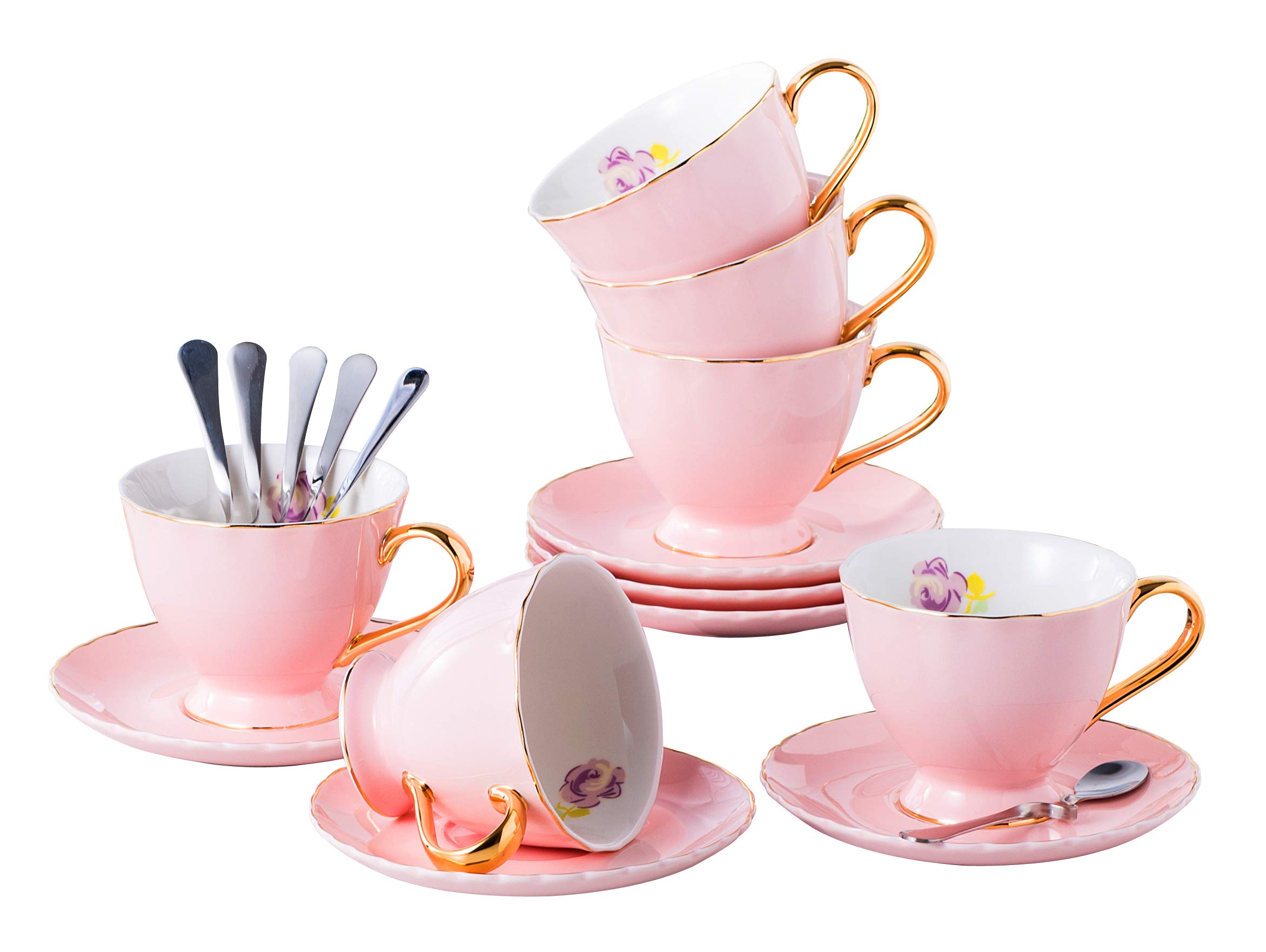 Jusalpha® Porcelain Tea Cup and Saucer Coffee Cup Set with Saucer and Spoon Set of 6 (FD-TCS02 pink (6), 7oz)