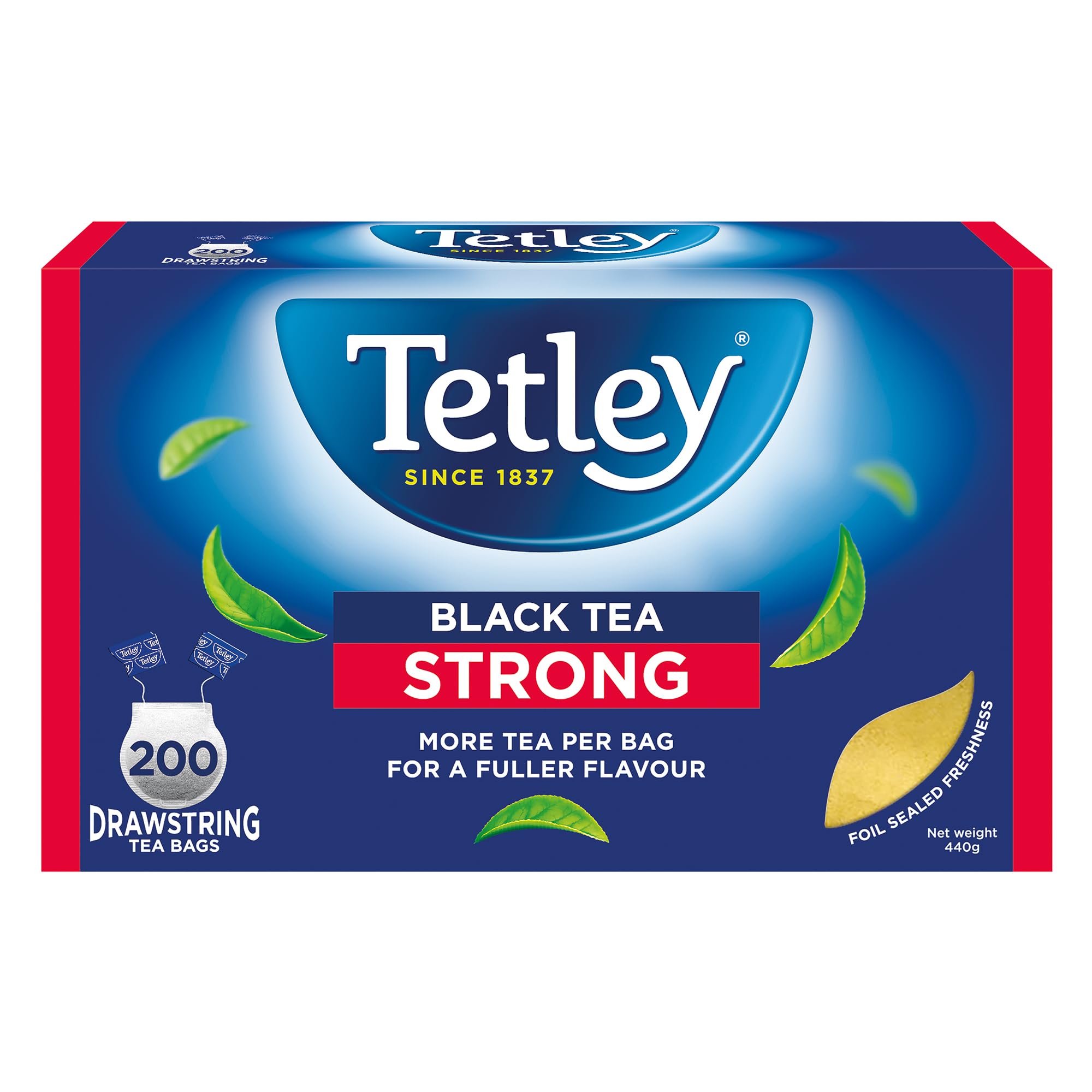 Tetley Strong Black Tea | 200 Black Tea Bags | More Tea per Bag for a Fuller Flavour | Foil Sealed Freshness | 440g