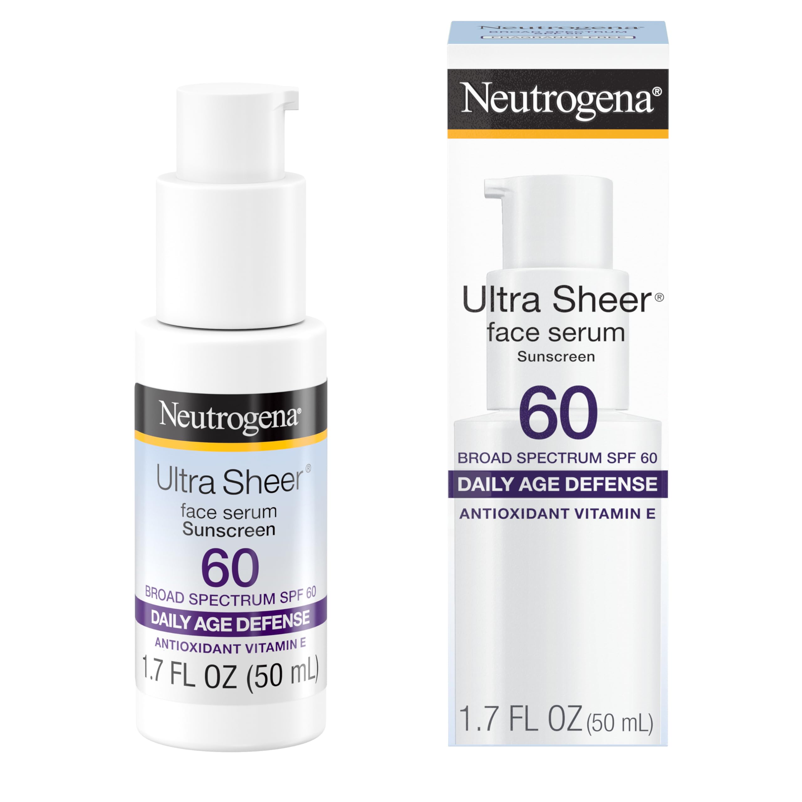 NeutrogenaUltra Sheer Moisturizing Face Serum with Vitamin E & SPF 60, All Day Facial Sunscreen Serum with Broad Spectrum UVA/UVB Protection, Fragrance-Free, Oxybenzone-Free, 1.7 oz