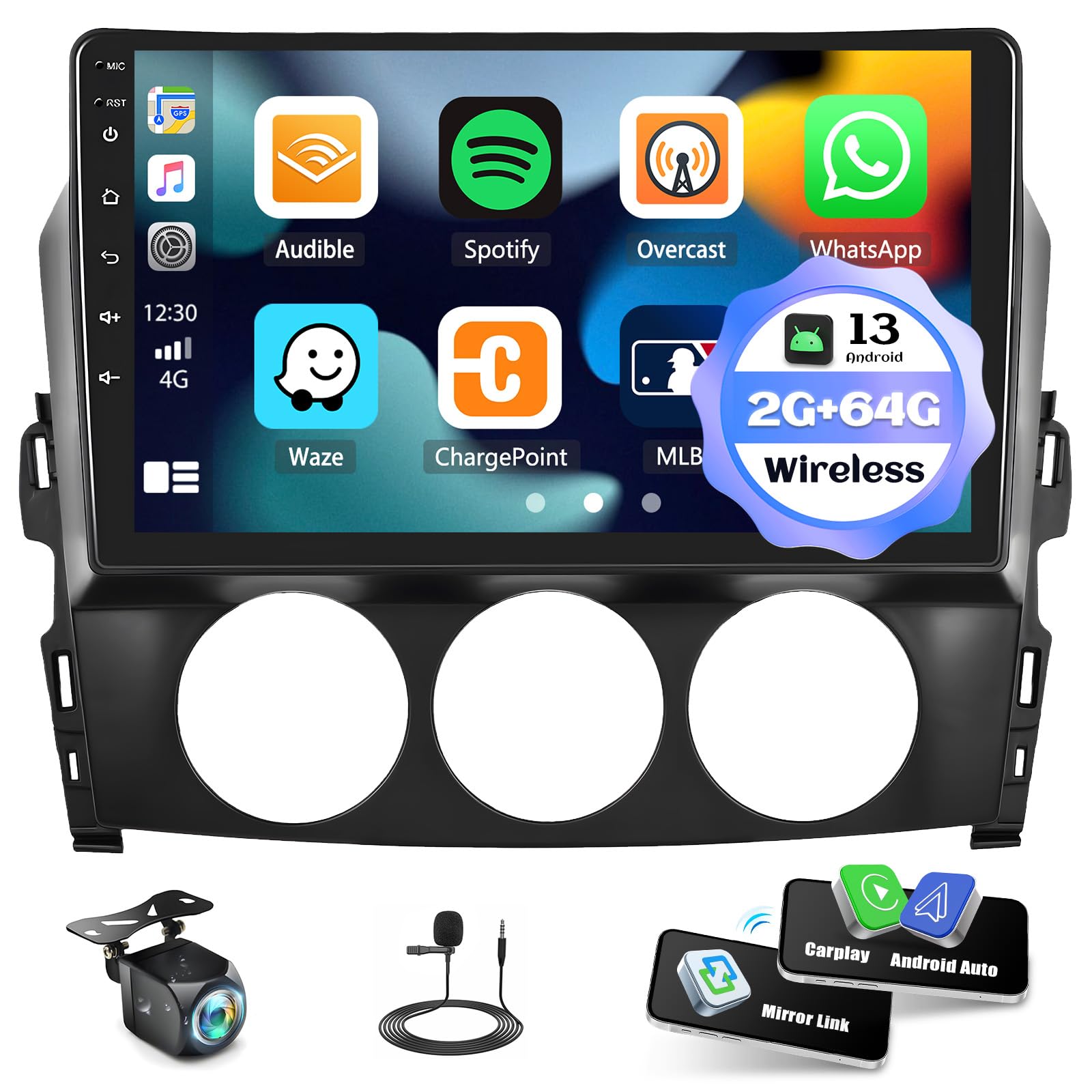 [2+64G] AMprime Android 13 Car Stereo for Mazda MX-5 Miata 2006-2015 with Wireless Carplay&Android Auto,9 Inch Touch Screen Car Radio with Bluetooth FM/RDS HiFi WiFi GPS Dual USB+Backup Camera