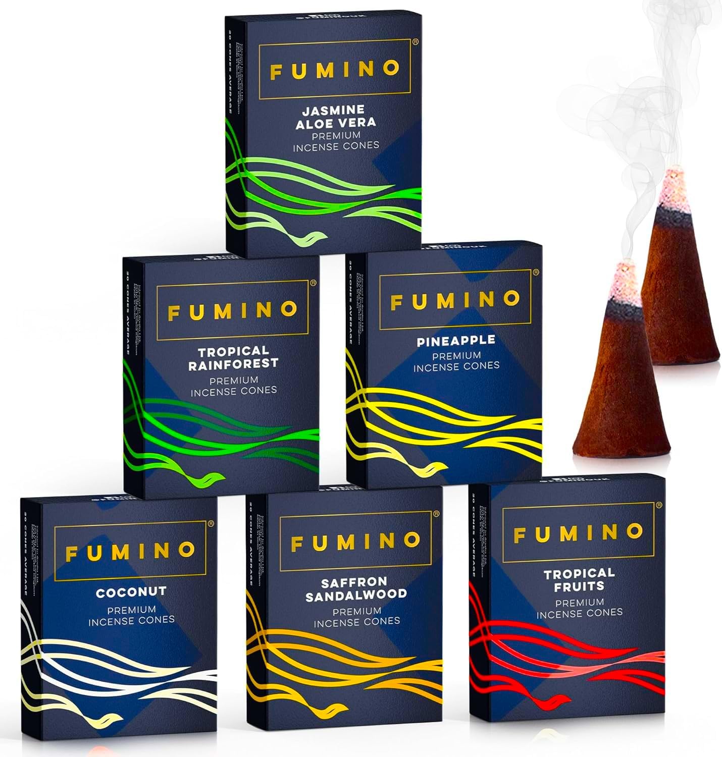 Fumino Fresh Incense Cones Multipack Tropical Tastes Bundle 6 Boxes 120 Cones Masala Agarbatti Joss Scent Fragrance for Relaxation and Meditation, Home and House Decor Scent Cones - Fragrant Cones