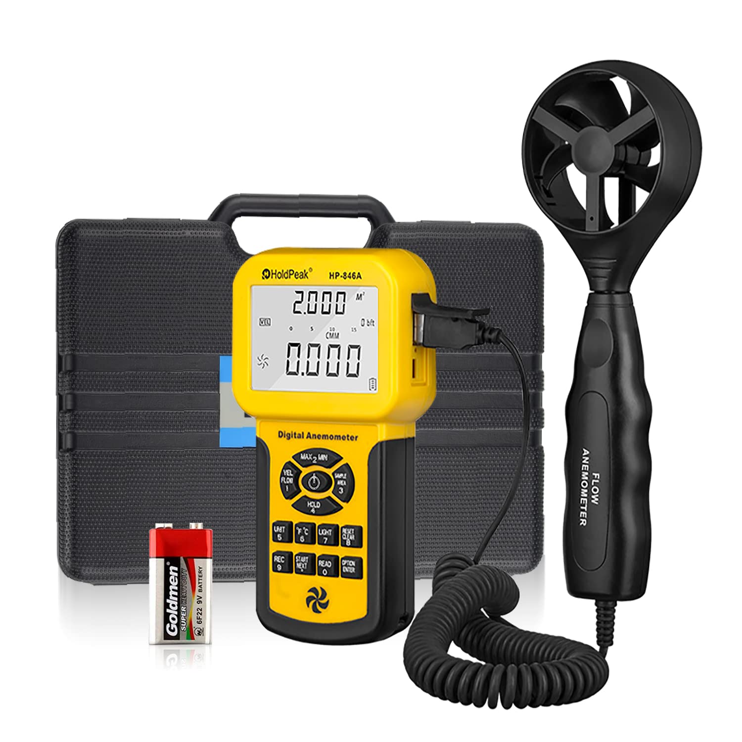 HOLDPEAK Handheld Anemometer CFM, HP-846A Digital Wind Wheel Anemometer Extensible Wind Speed Meter with LCD Display, 600 Data Record for Measuring Wind Speed, Air Velocity, Air Flow, Temperature