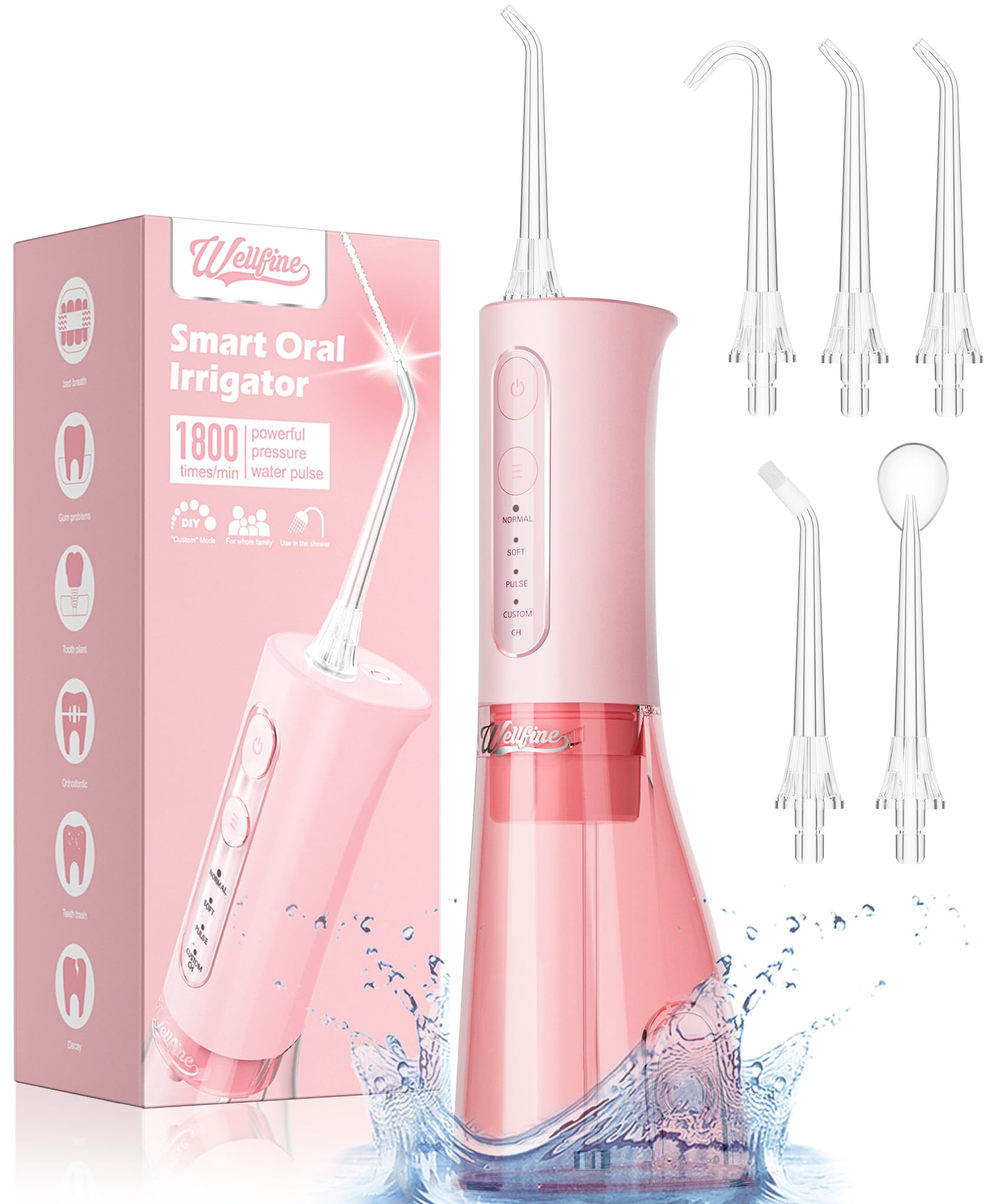 Water Dental Flosser Teeth Pick: Portable Cordless 4 Modes Flossers Pic 300ML Rechargeable Floss Pik Powerful IPX7 Waterproof Oral Irrigator for Cleaning Gum Care Braces Flossing for Home Travel Pink