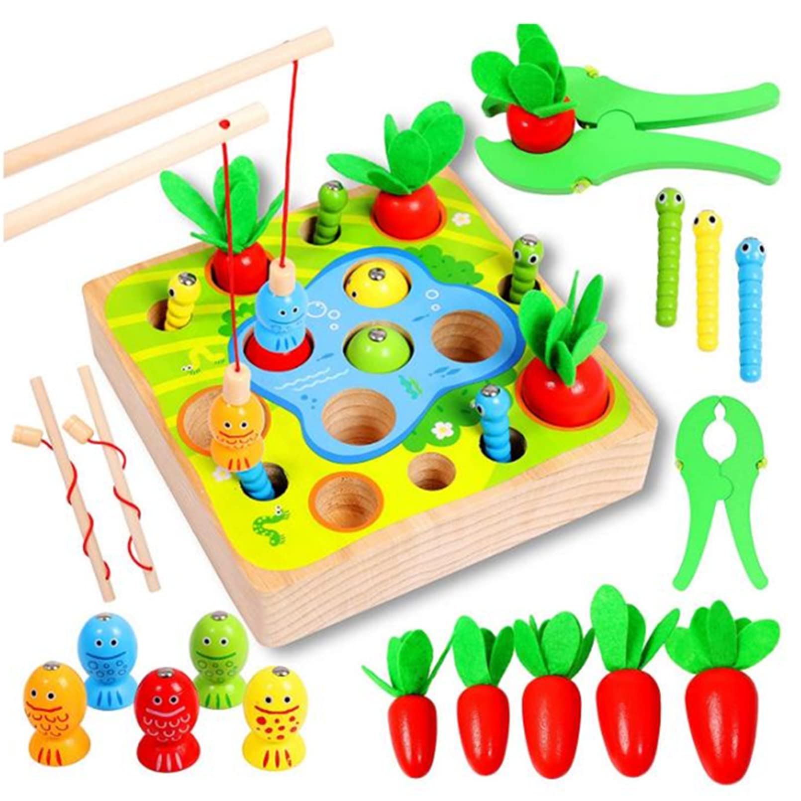 AM ANNA Wooden Magnetic Fishing Game, Carrot Harvest Catching Worm Toy, 3 in 1 Montessori for Toddlers Sensory Education Fine Motor Skills Toys for 1-5 Year Old Kids Preschool Learning Gift