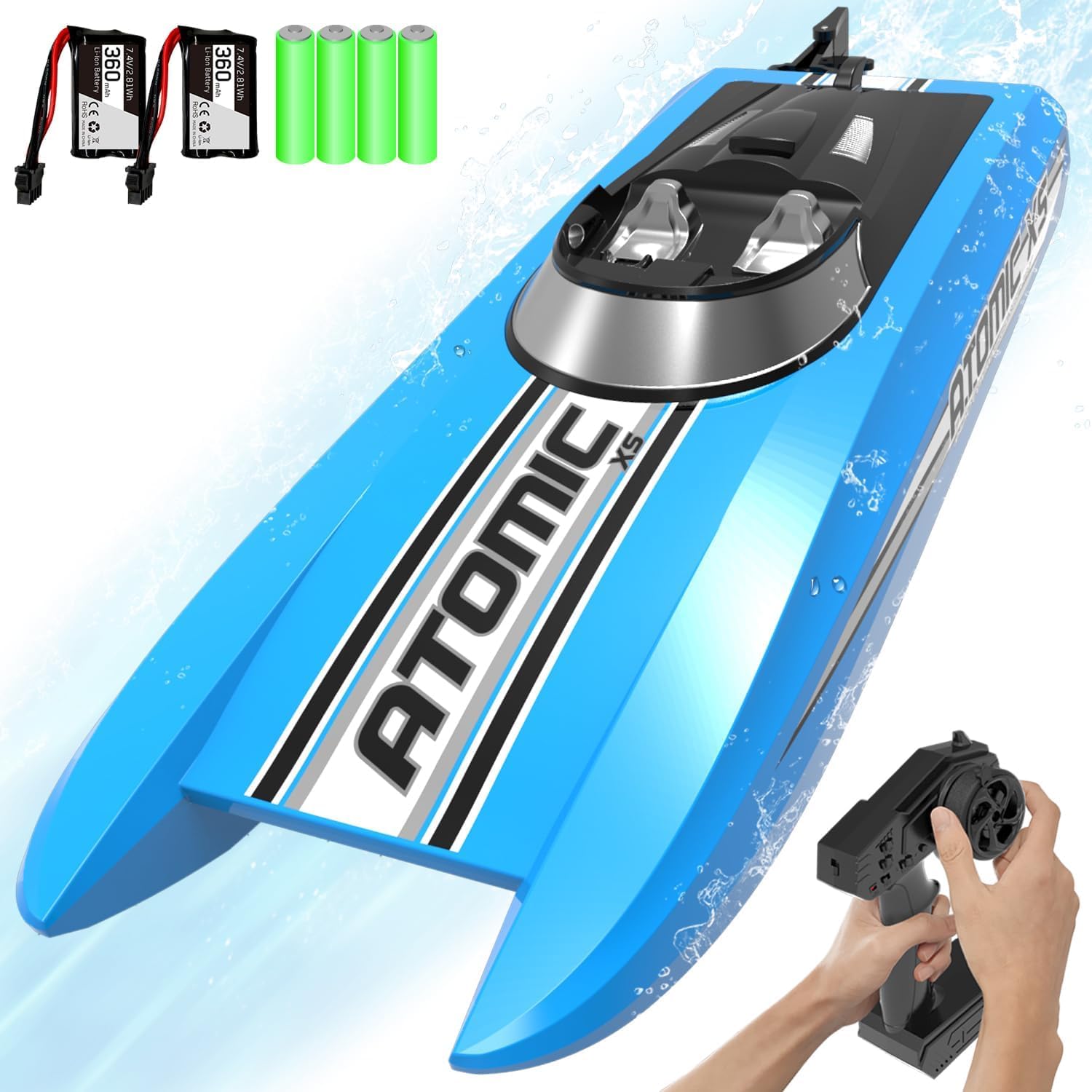 VOLANTEXRC Remote Control Boats for Pools and Lakes 20+MPH AtomicXS High Speed RC Boat for Kids or Adults Toy Boat Gifts with 2 Batteries & Reverse Function (795-5 Blue)