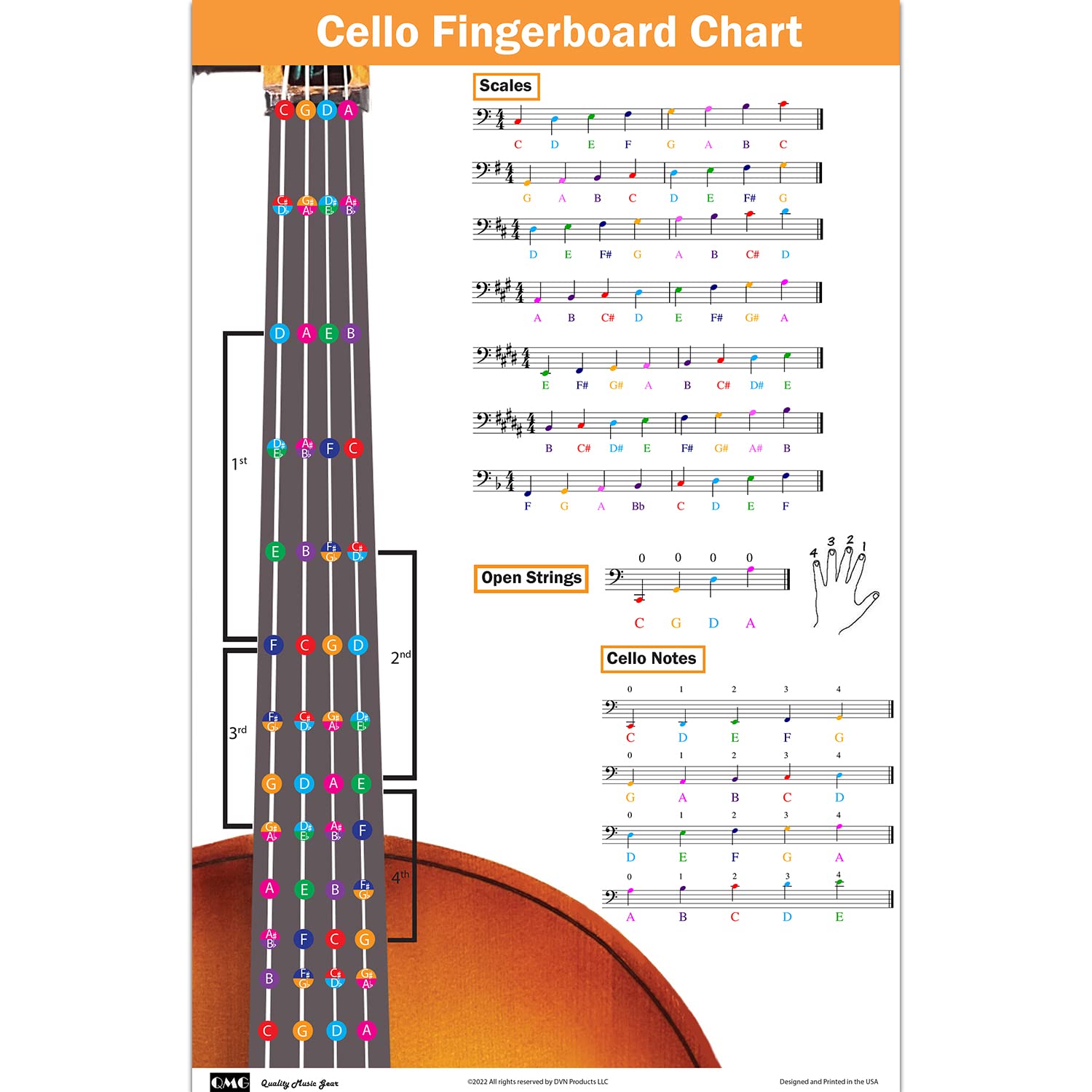 QMG Cello Fingering Chart with Color-Coded Notes, Cello Scales Techniques Suitable for All Levels