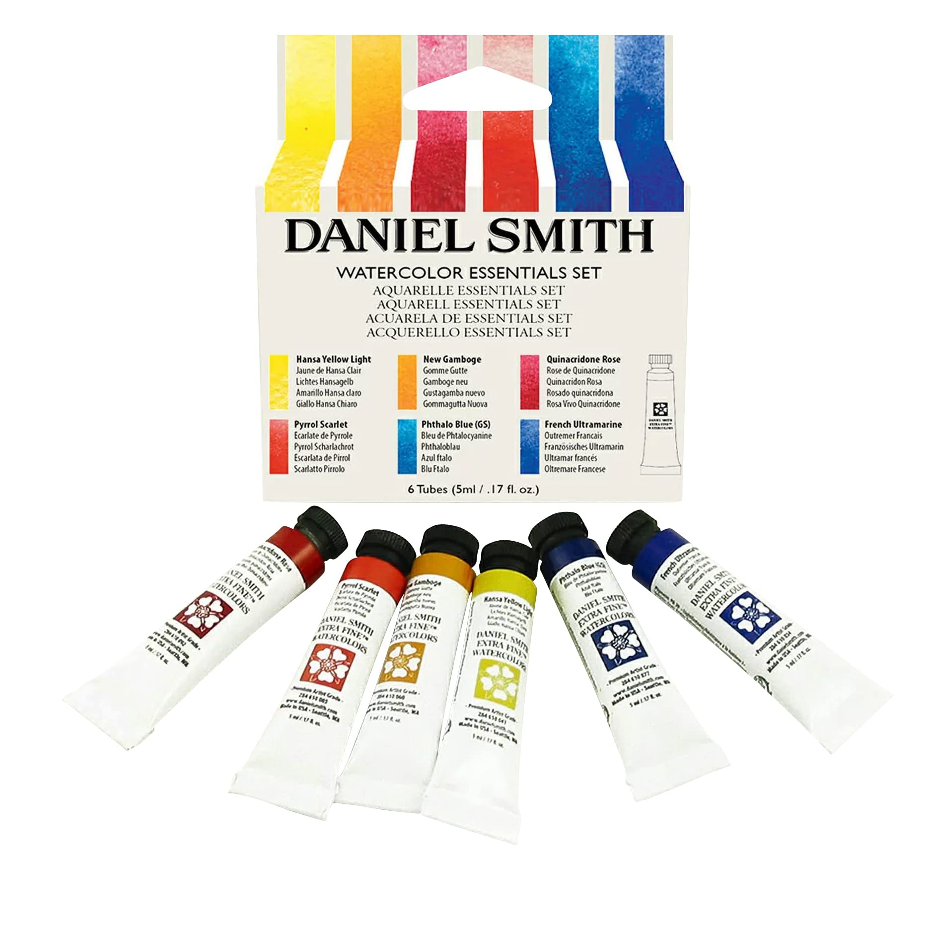 DANIEL SMITH285610005 Extra Fine Essentials Introductory Watercolor, 6 Tubes, 5ml, Blue/Transparent/Yellow, 0.17 Fl Oz (Pack of 6)