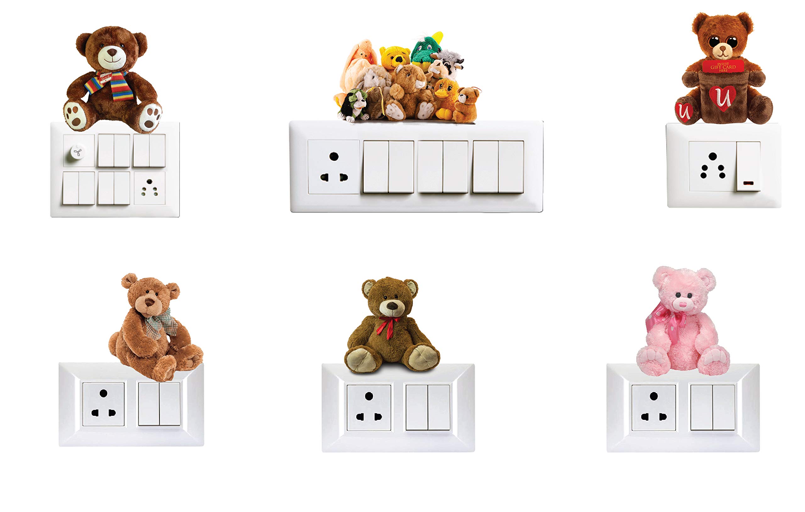 VVWV® Sweet Teddy Bear Switch Board Printed Stickers for Home Living Kids Bed Room Wall Decoration Multicolour Vinyl Stylish 3D Combo Sticker (Standard Size)