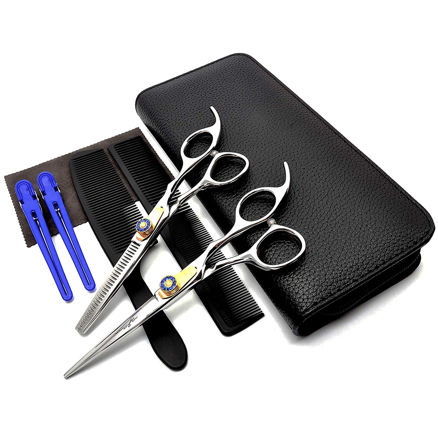 MASTER GO Professional Hair Cutting Scissors Kit 8 PCS,Stainless Steel Barber Haircut Shears Thinning Scissors Hairdressing Set for Salon Home Use Man Woman Adults Kids (Blue)