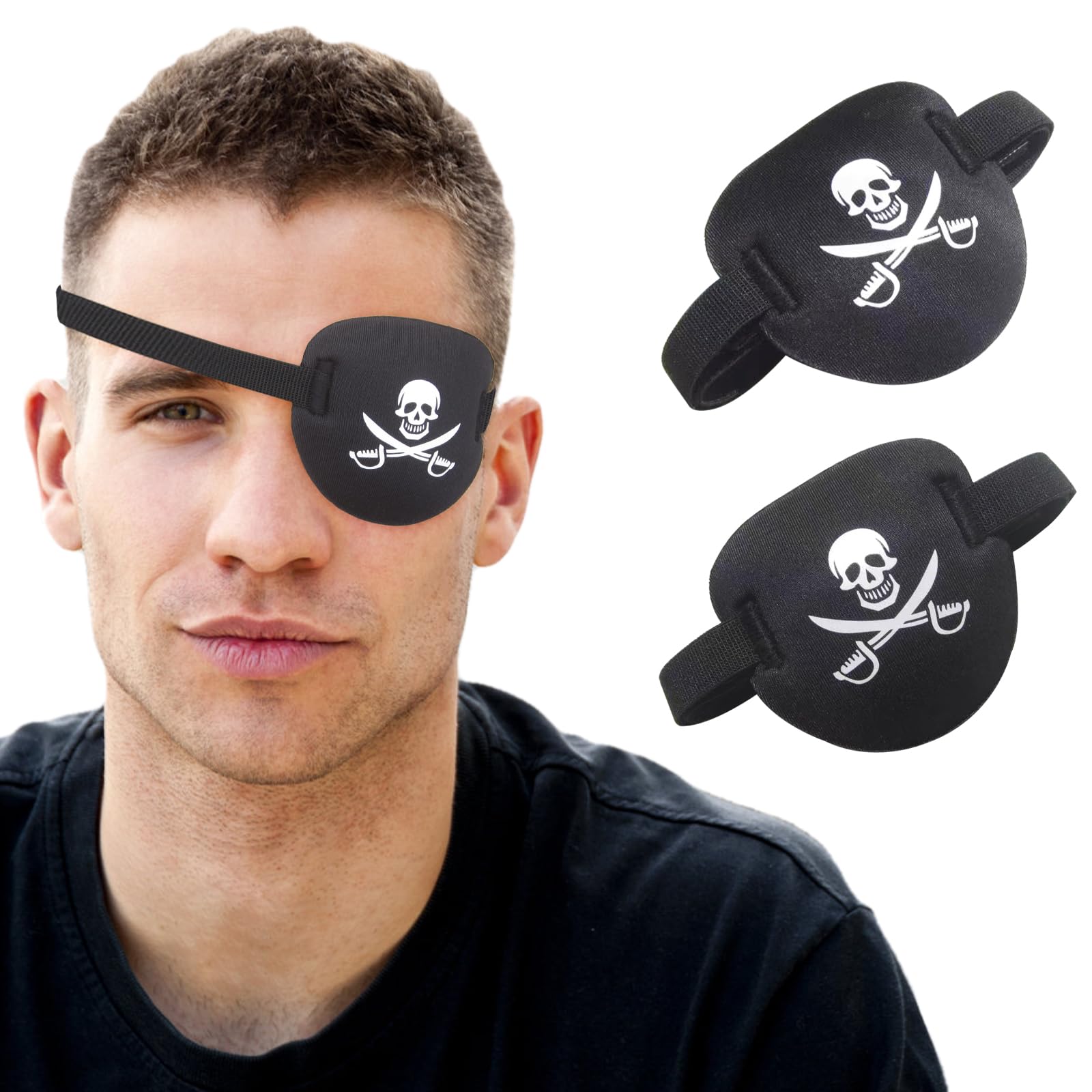 RIKEYO 2 pcs Pirate Eye Patch,3D Black Eye Patches for Adults and Kids,Medical Eye Patch for Left or Right Eye,Adjustable Eyepatch for Lazy Eye,Skull Crossbone Halloween Costume